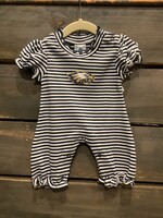 NAVY STRIPE RUFFLED BUBBLE ROMPER