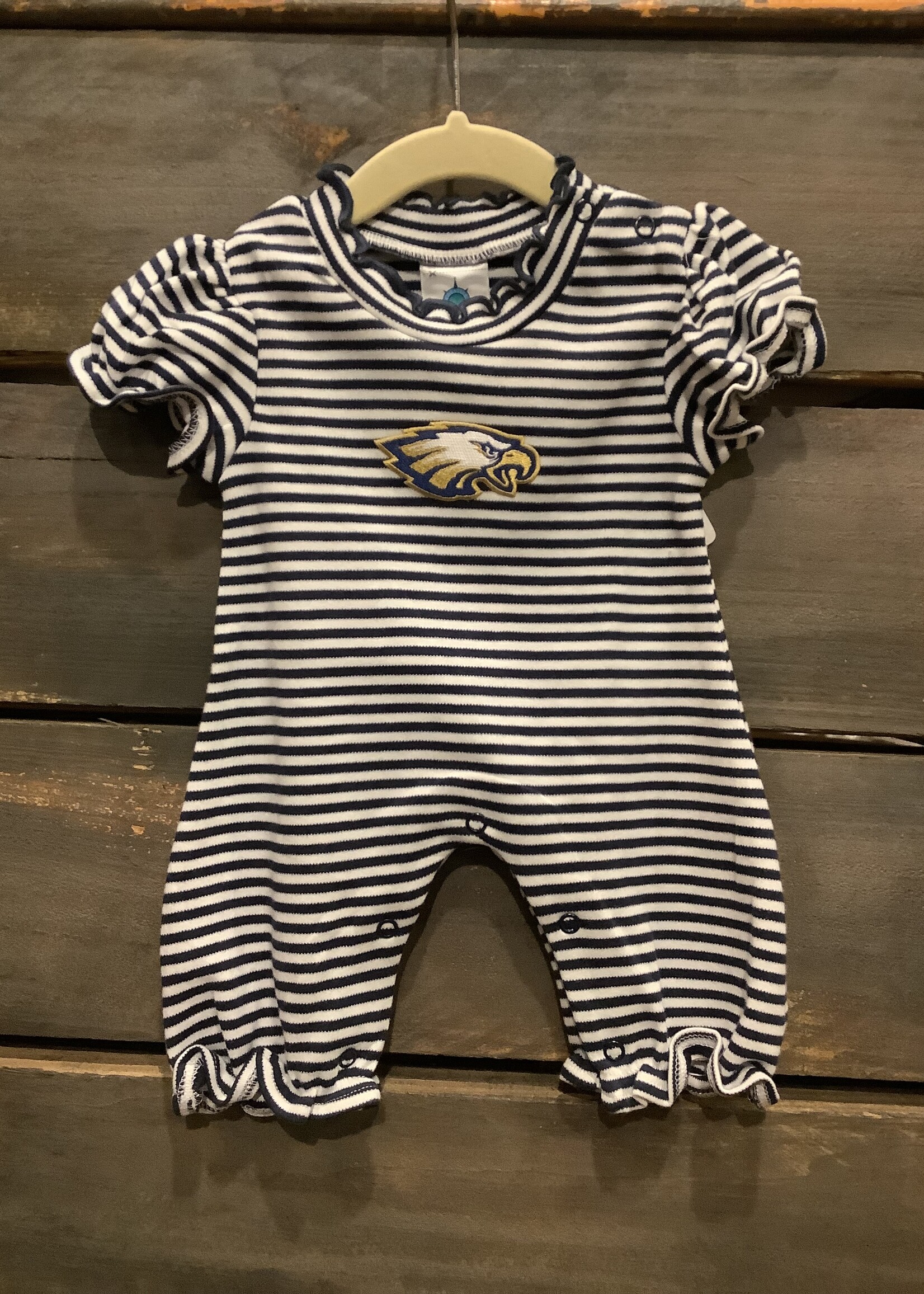 NAVY STRIPE RUFFLED BUBBLE ROMPER