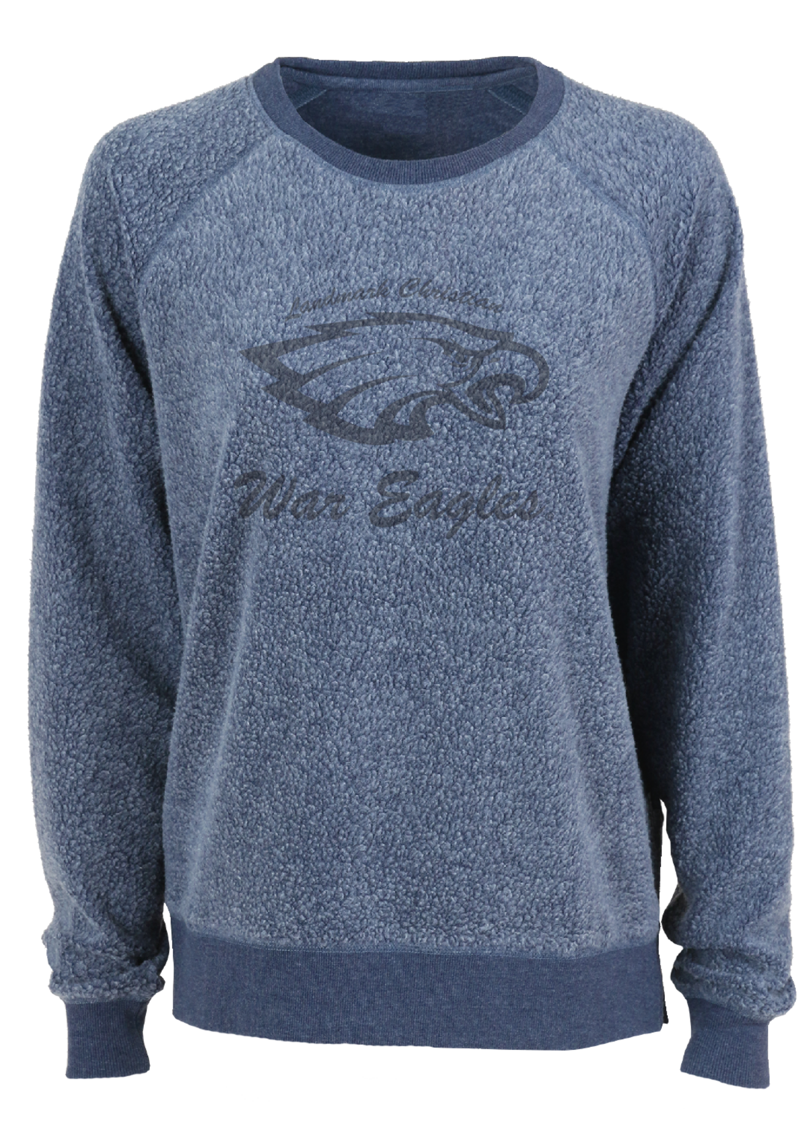 LADIES REVERSE FLEECE CREW NAVY SWEATSHIRT WITH SCREEN PRINT FRONT