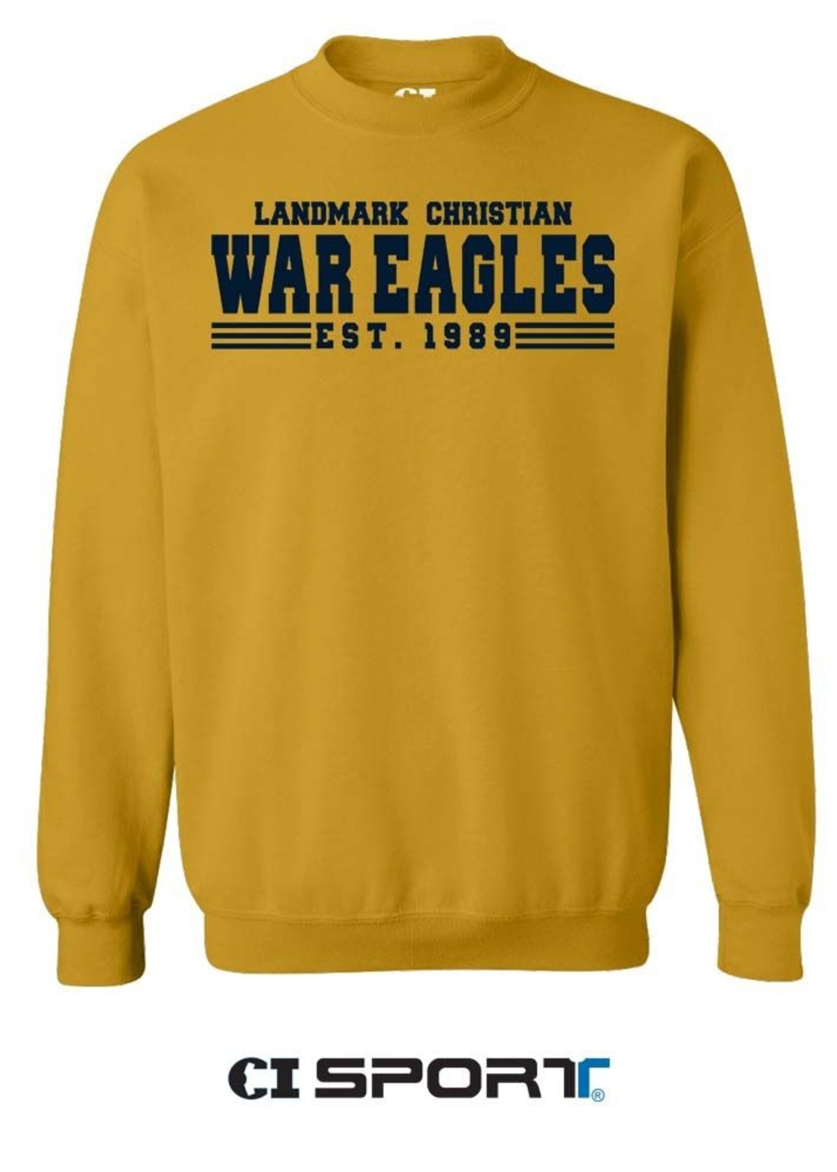 ADULT CLASSIC CREW SWEATSHIRT IN GOLD WITH NAVY APPLIQUE FRONT