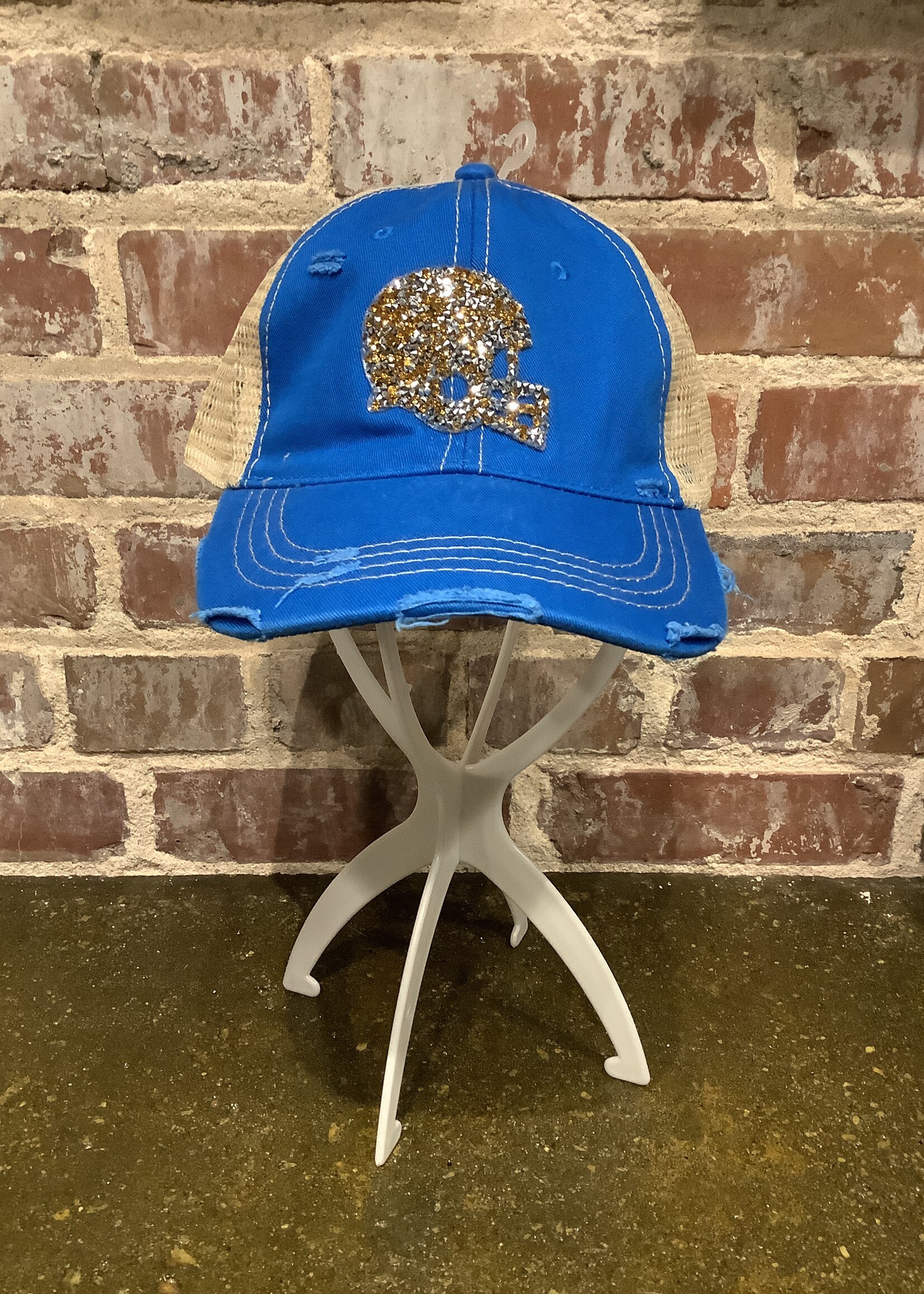 DISTRESSED ADJUSTABLE TRUCKER CAP WITH SEQUIN FOOTBALL HELMET APPLIQUE