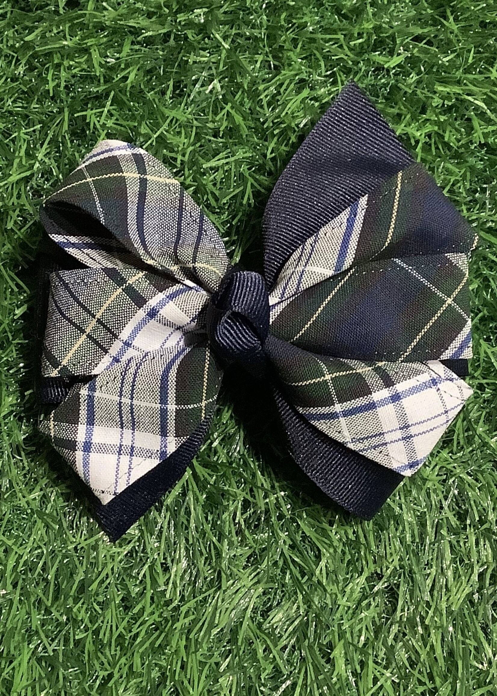 LARGE PINWHEEL BOW IN NAVY & PLAID BARRETTE - FBE12