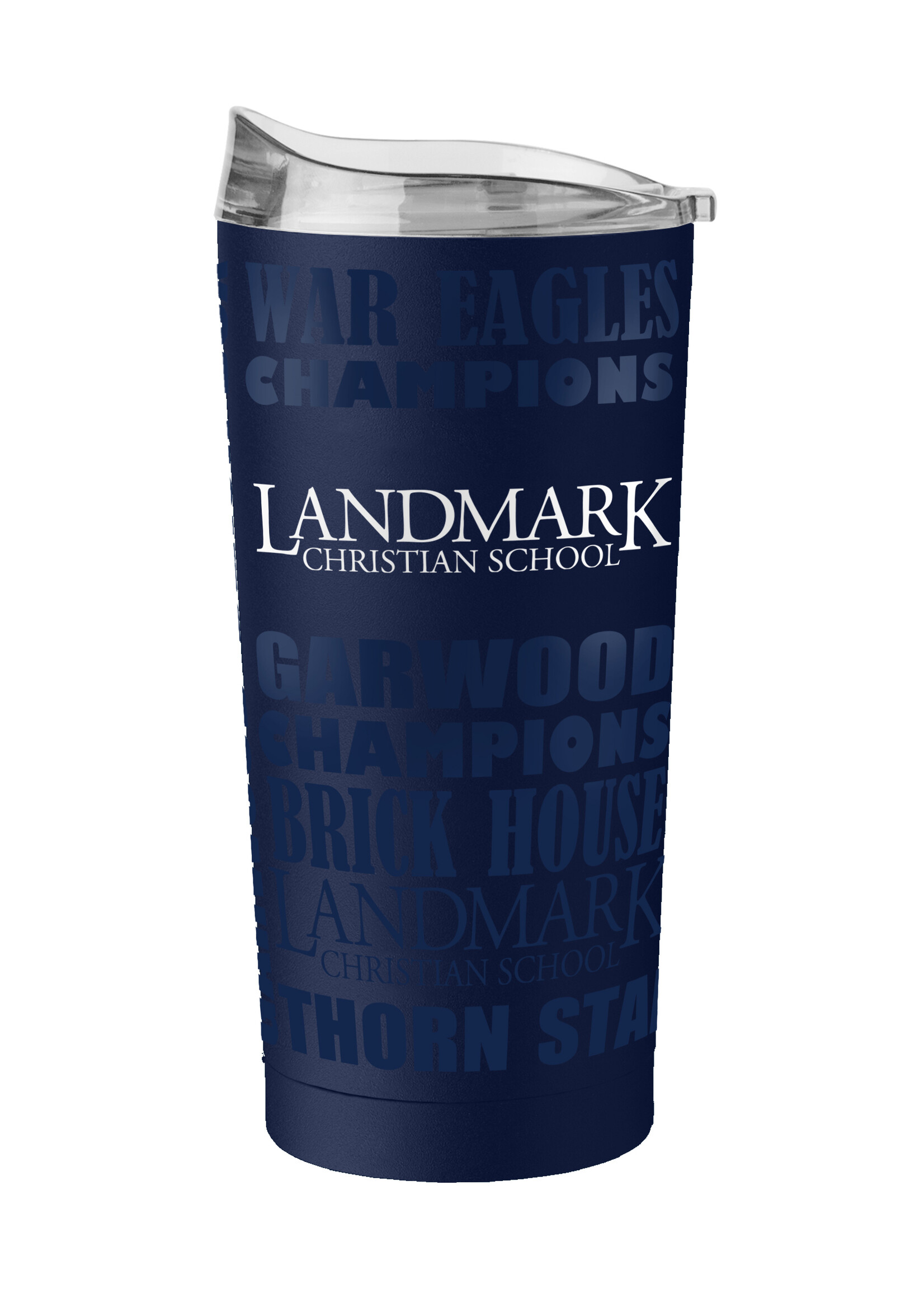 LOGO BRAND 20 OZ POWDER COATED NAVY TUMBLER WITH ALL OVER DESIGN