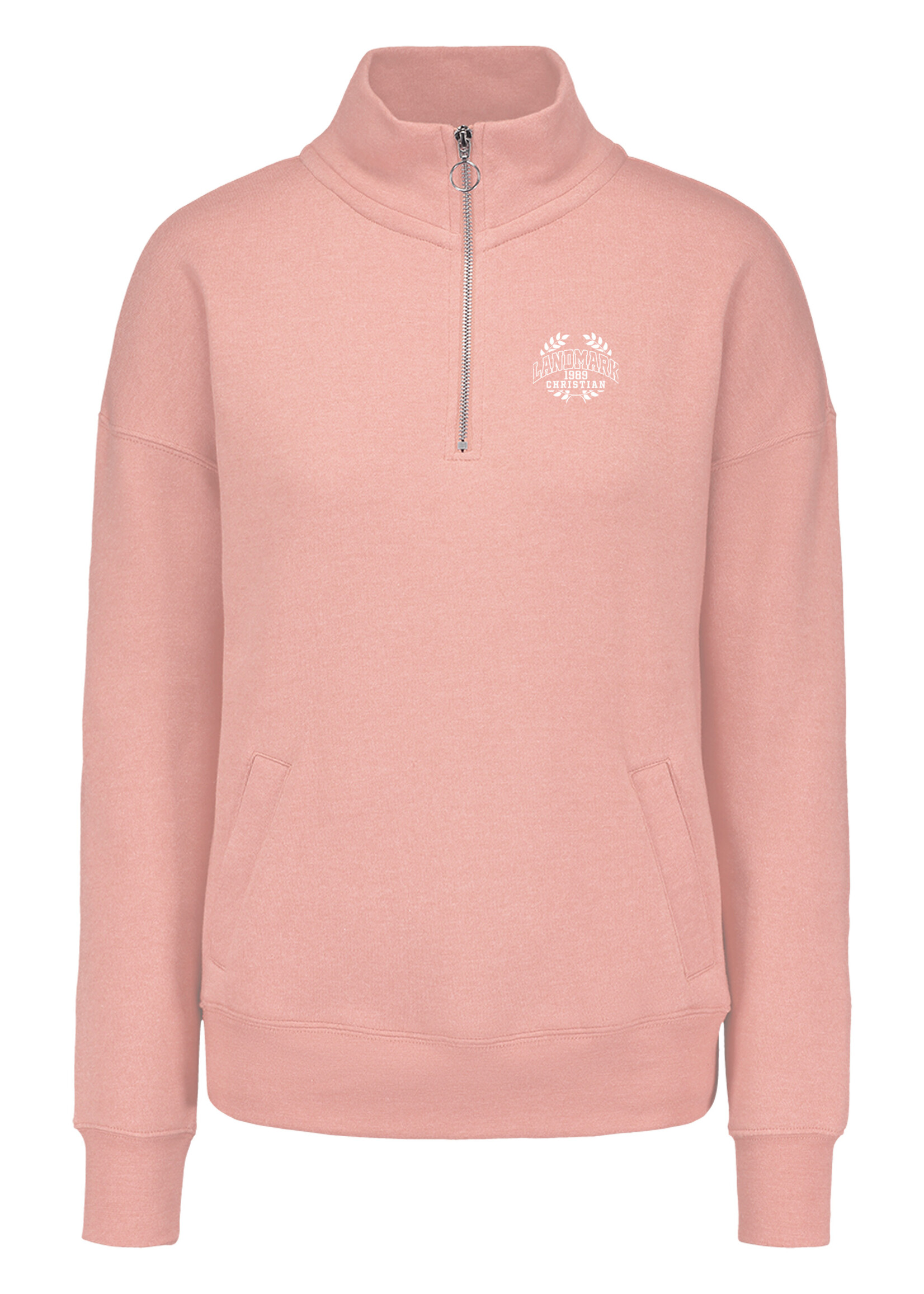 LADIES Q ZIP DAKOTA 1/4 ZIP IN CAMEO PINK AND WHITE STITCHED EMBROIDERY