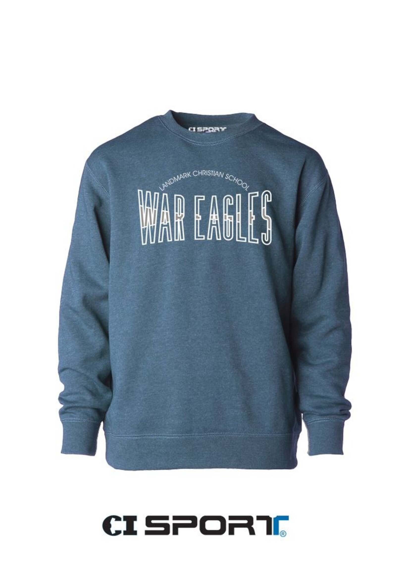 YOUTH STORM BLUE HEATHER CREW NECK SWEATSHIRT WITH WHITE EMBROIDERY FRONT