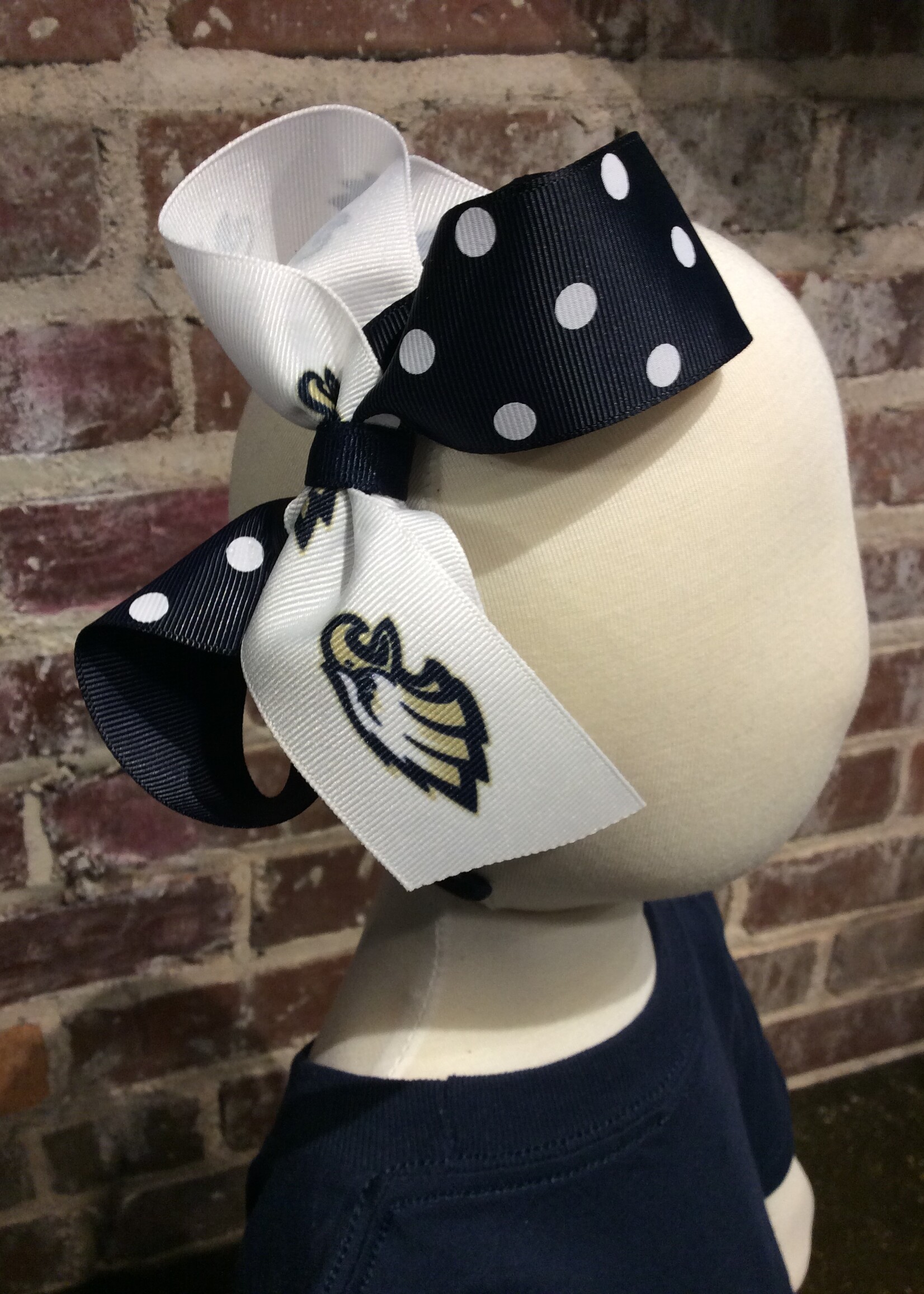 LARGE TWO TONE BOW IN NAVY DOT AND EAGLE RIBBON ON 1/2" HEADBAND #1339D-6HB