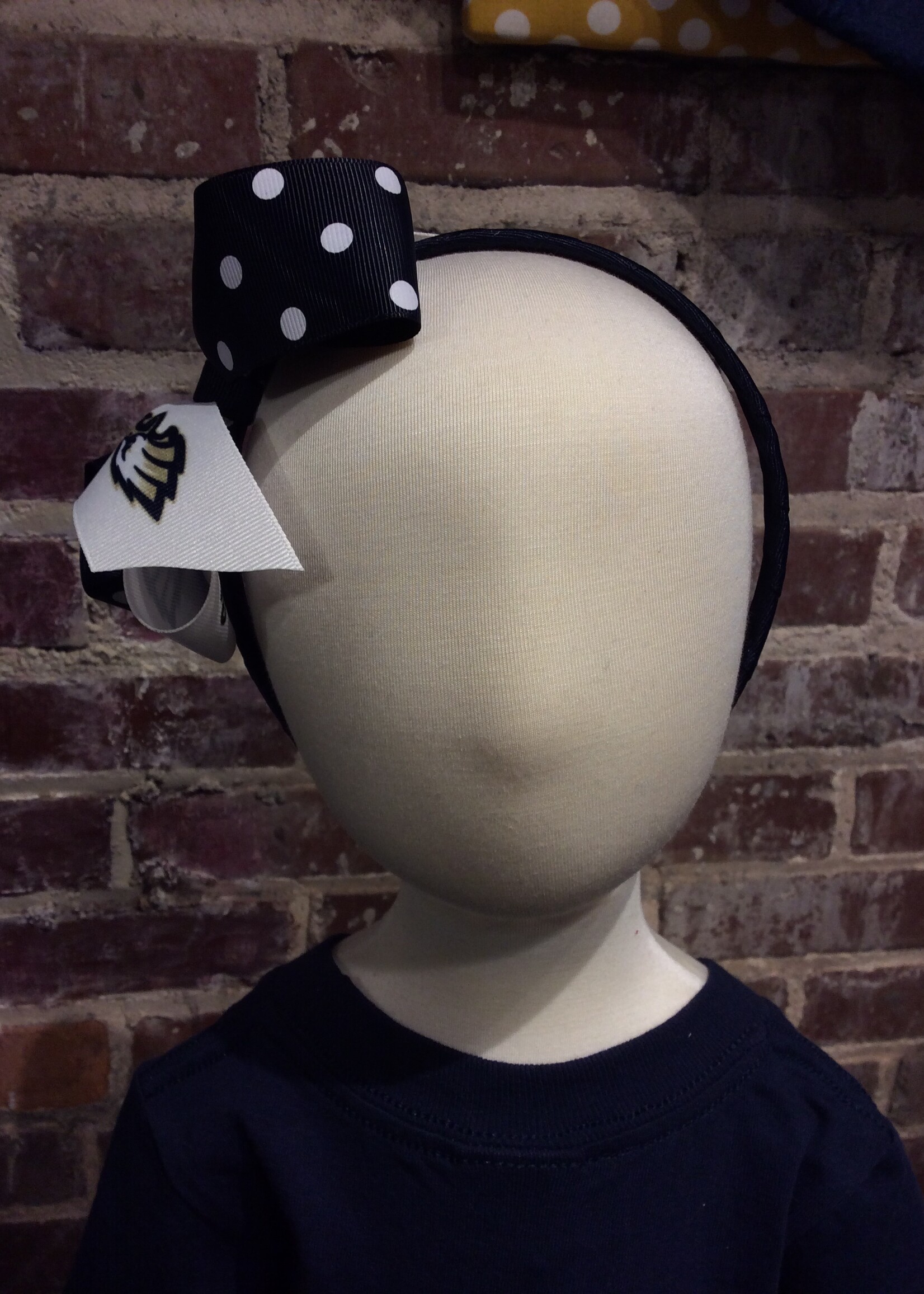 LARGE TWO TONE BOW IN NAVY DOT AND EAGLE RIBBON ON 1/2" HEADBAND #1339D-6HB