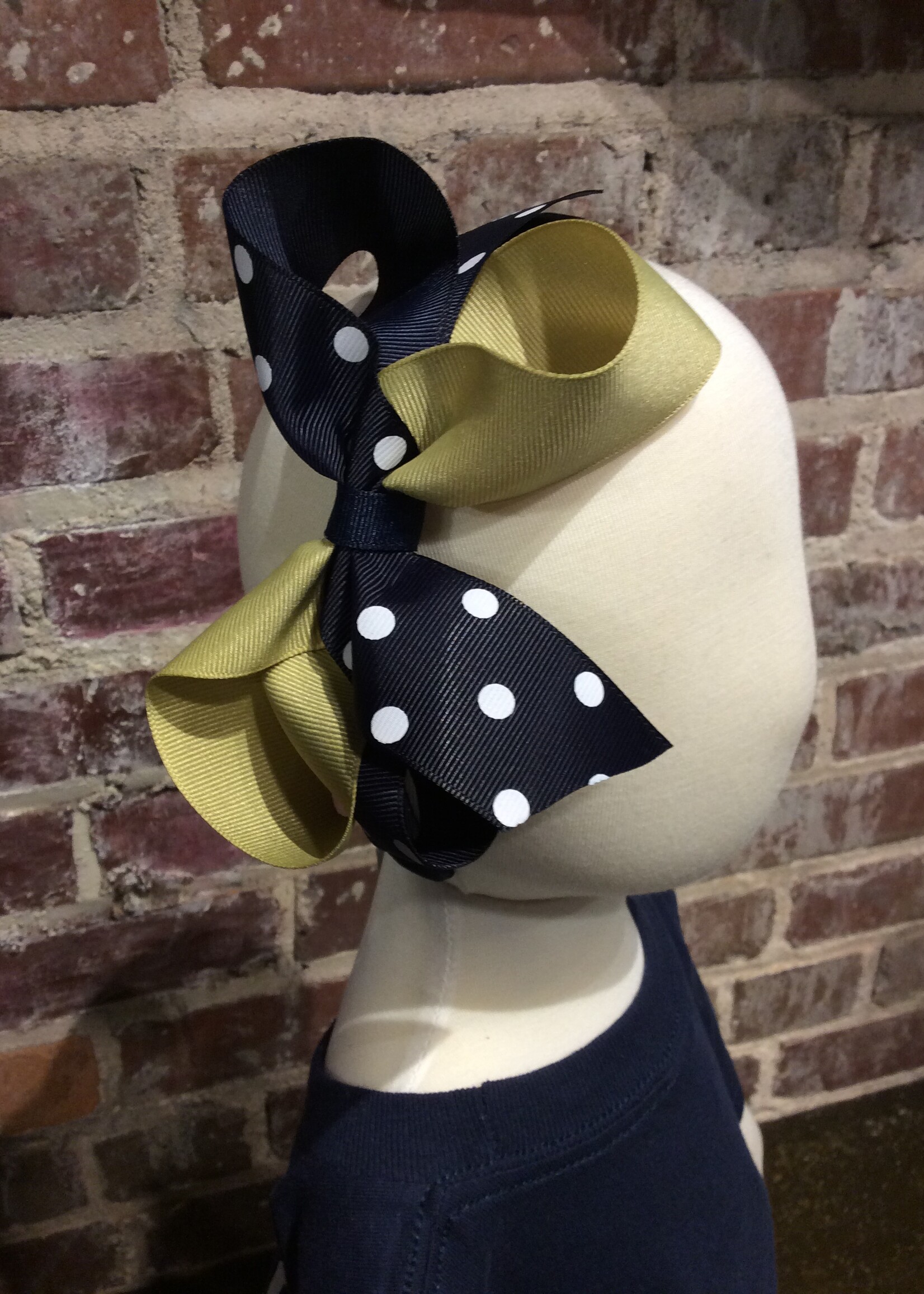 LARGE TWO TONE BOW IN NAVY DOT AND GOLD ON 1/2" HEADBAND #1339D-6HB