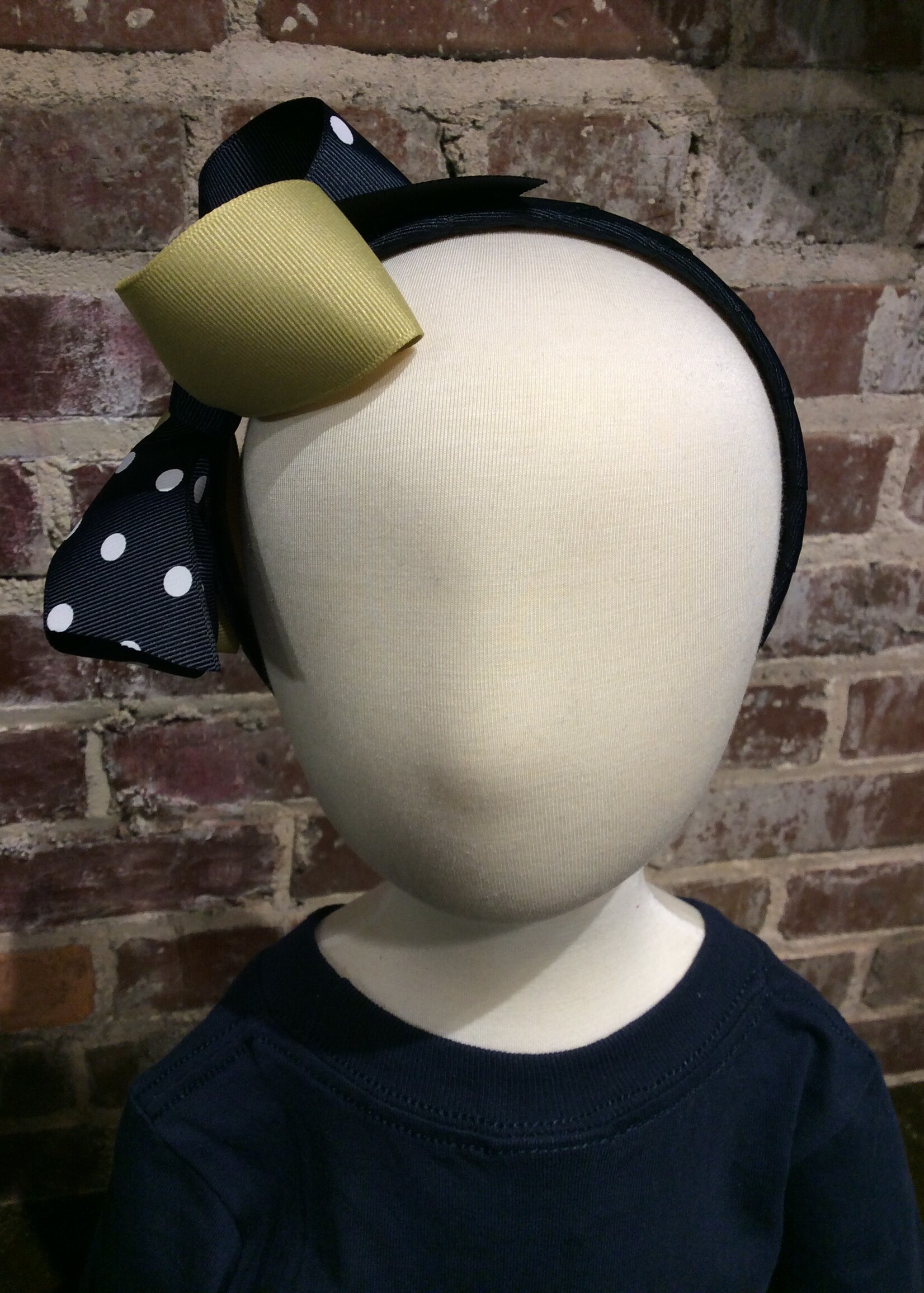 LARGE TWO TONE BOW IN NAVY DOT AND GOLD ON 1/2" HEADBAND #1339D-6HB