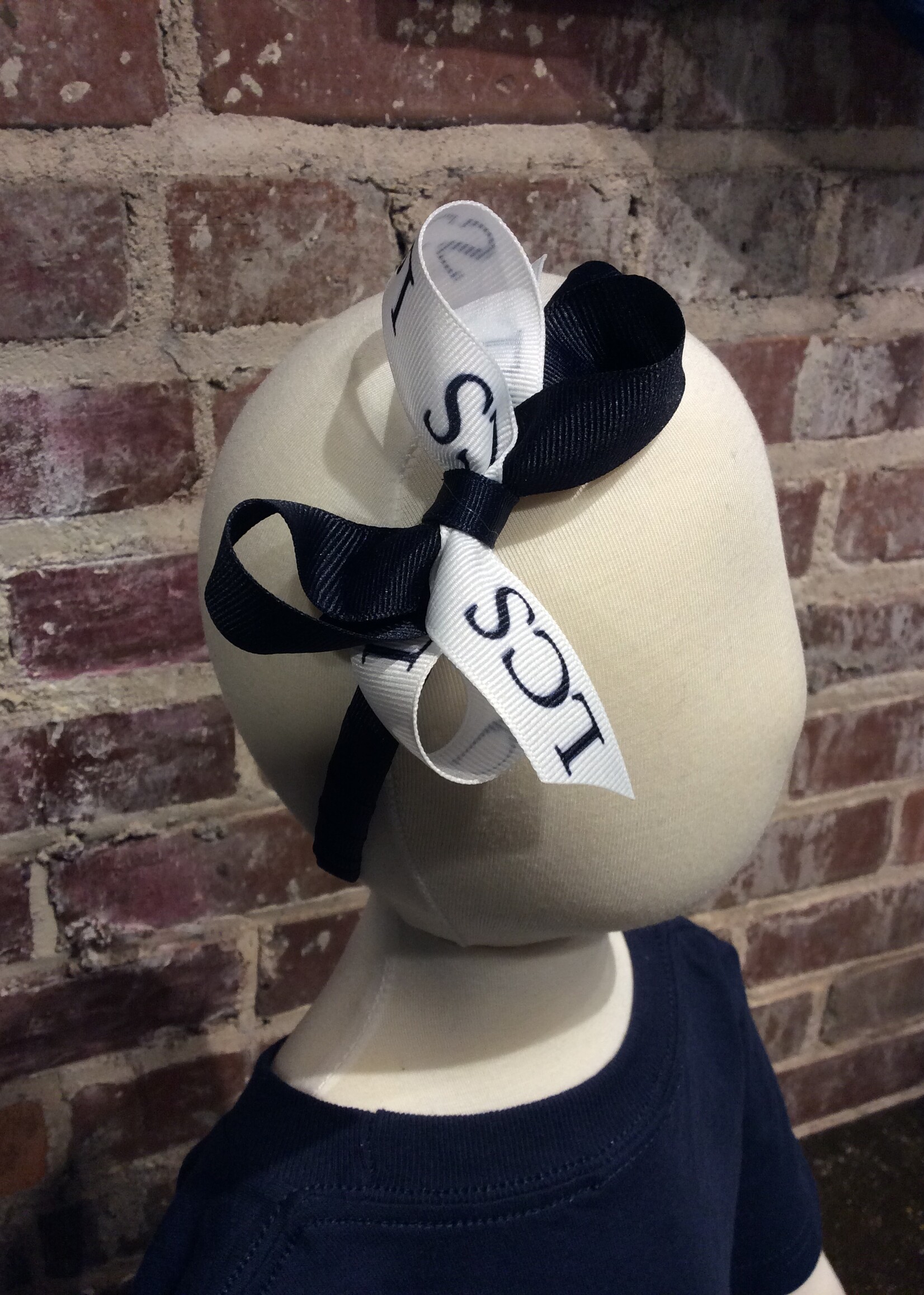 SMALL TWO TONE BOW IN NAVY AND LCS RIBBON ON 3/8" HEADBAND #1339D-2HB