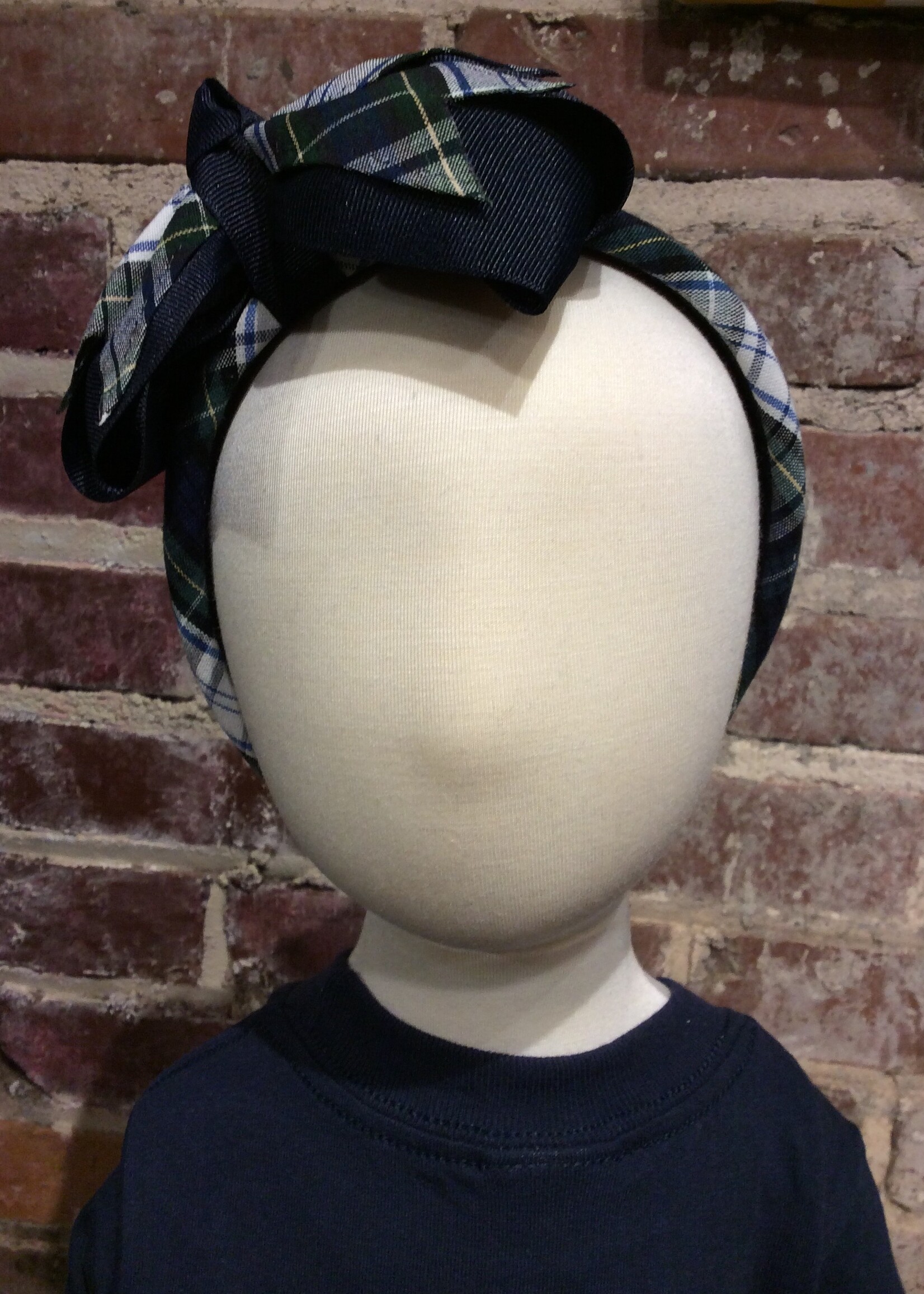 LARGE NAVY RIBBON & PLAID BOW ON A WIDE PADDED