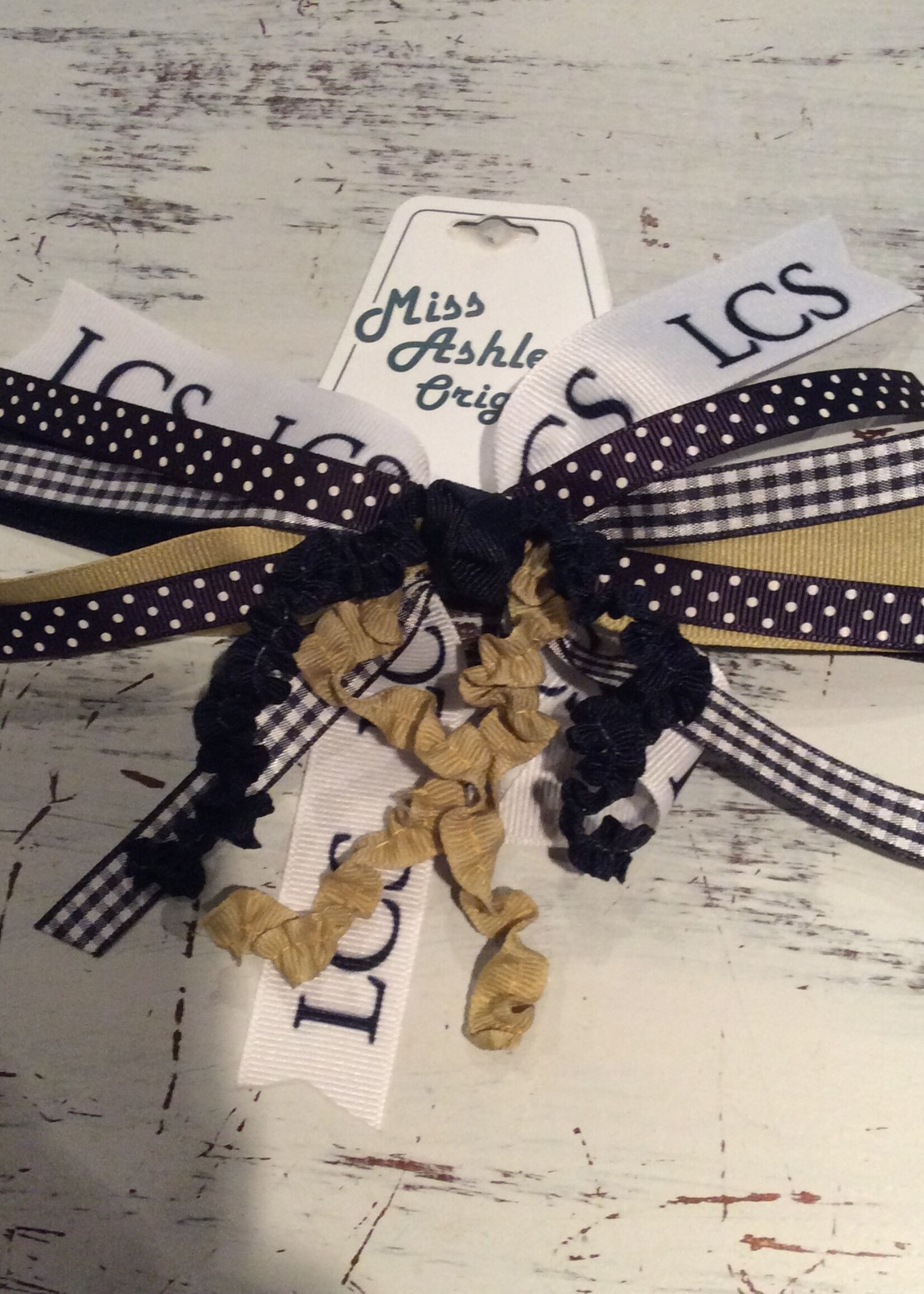 MIXED RIBBON PONY IN NAVY GINGHAM/GOLD/LCS IN KRINKLE RIBBON #7540LCS2