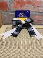 LARGE STREAMER PLAID & WHITE BOW ON PONYTAIL ELASTIC