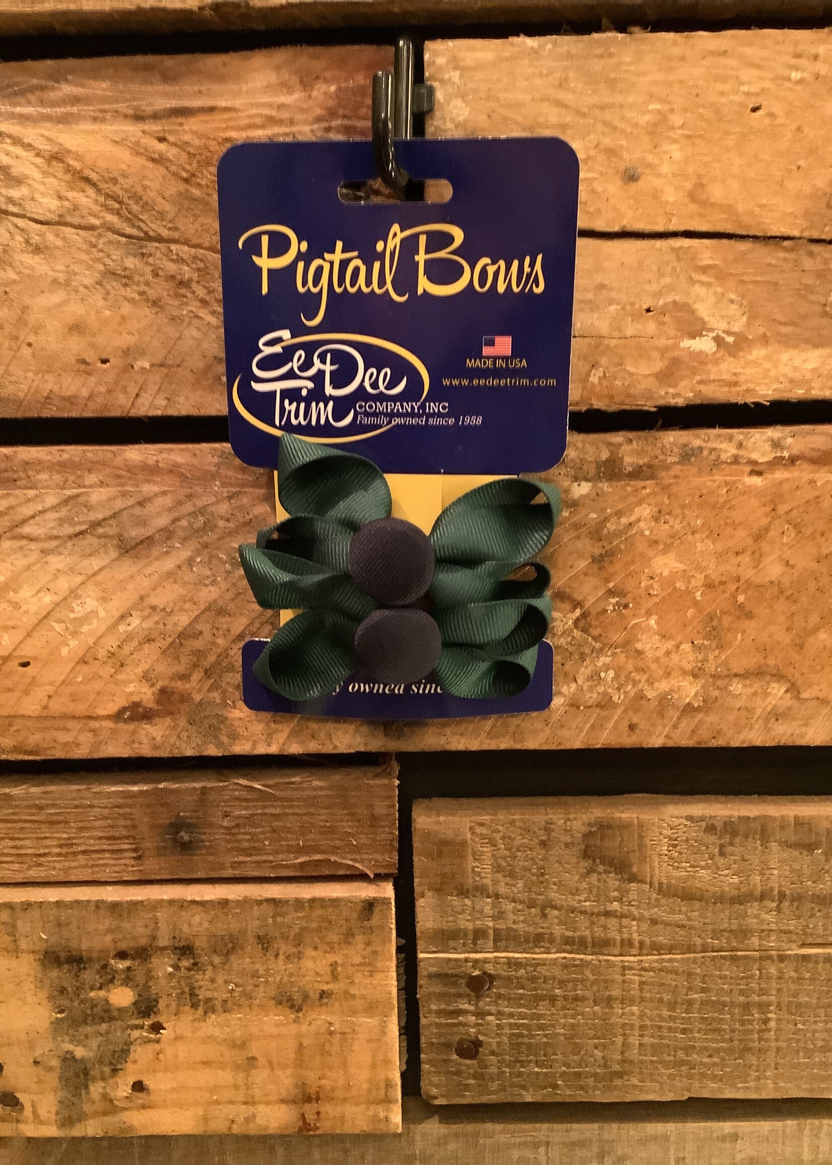 PAIR OF NAVY & GREEN BUTTON PIG TAIL BOWS ON PINCH CLIPS - FBE118