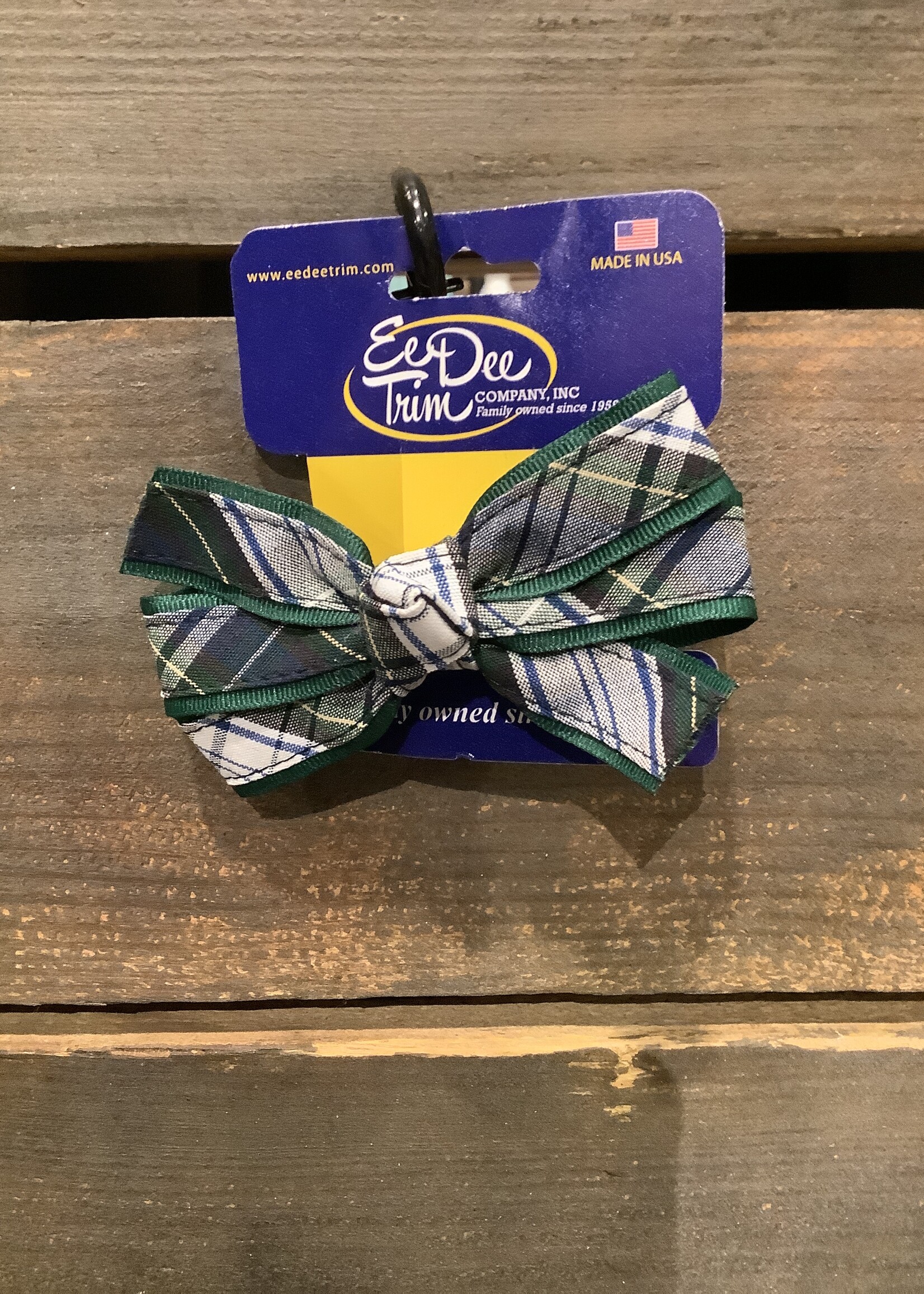 MONARCH PLAID & GREEN BOW ON PINCH CLIP