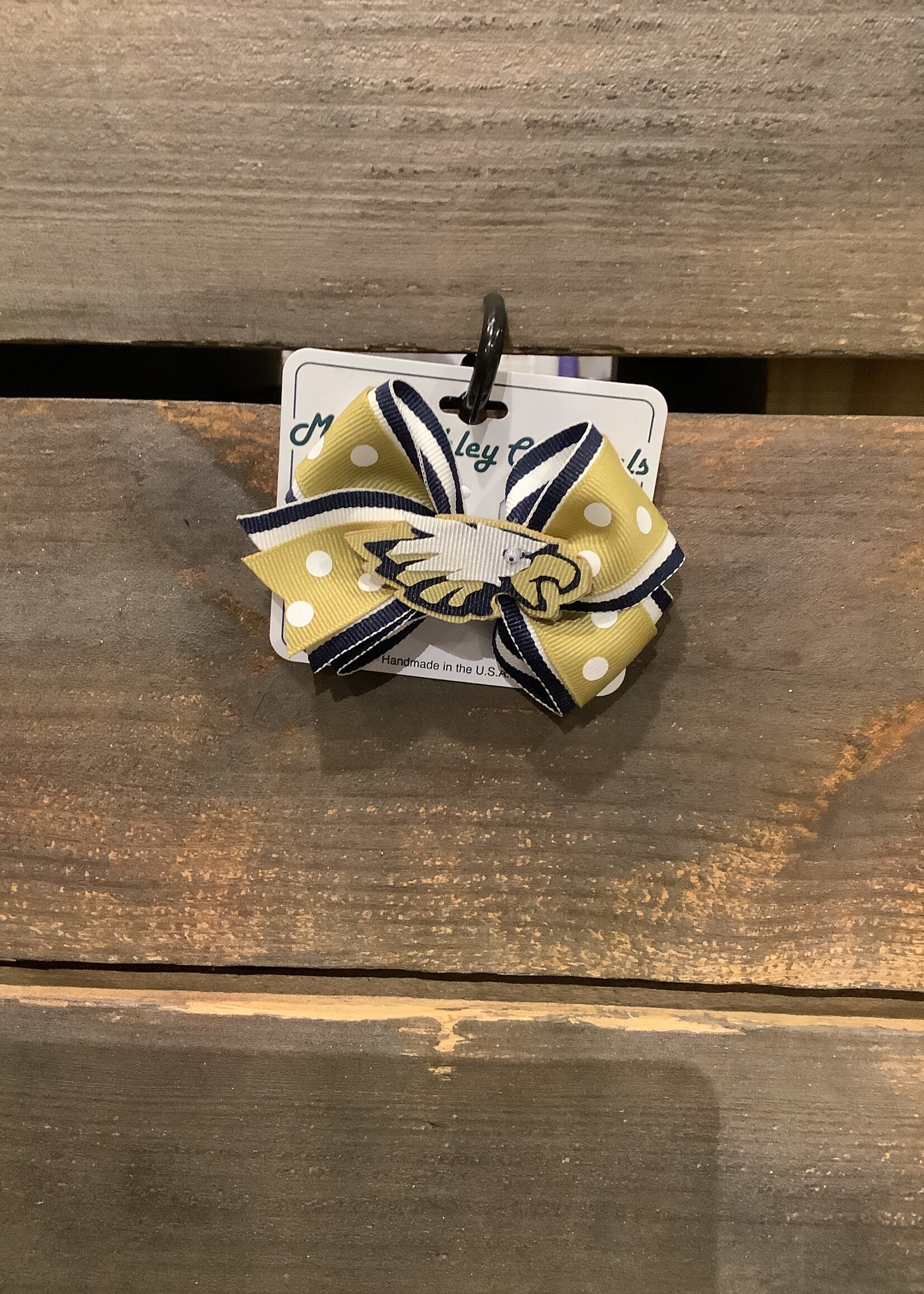 TWO TONE BOW PINCH CLIP WITH EAGLE IN NAVY STRIPE/GOLD DOT #1027FB-4