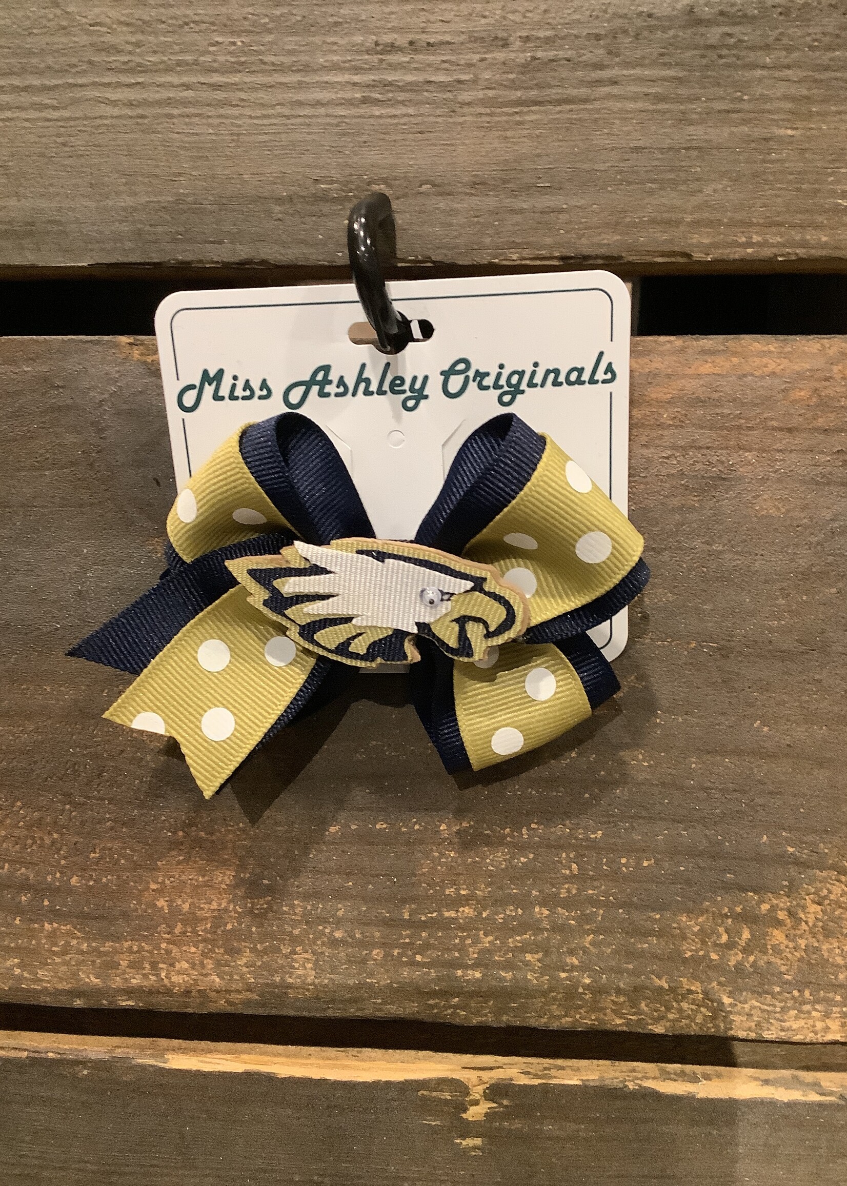 TWO TONE BOW PINCH CLIP WITH EAGLE IN NAVY/GOLD DOT #1027FB-4