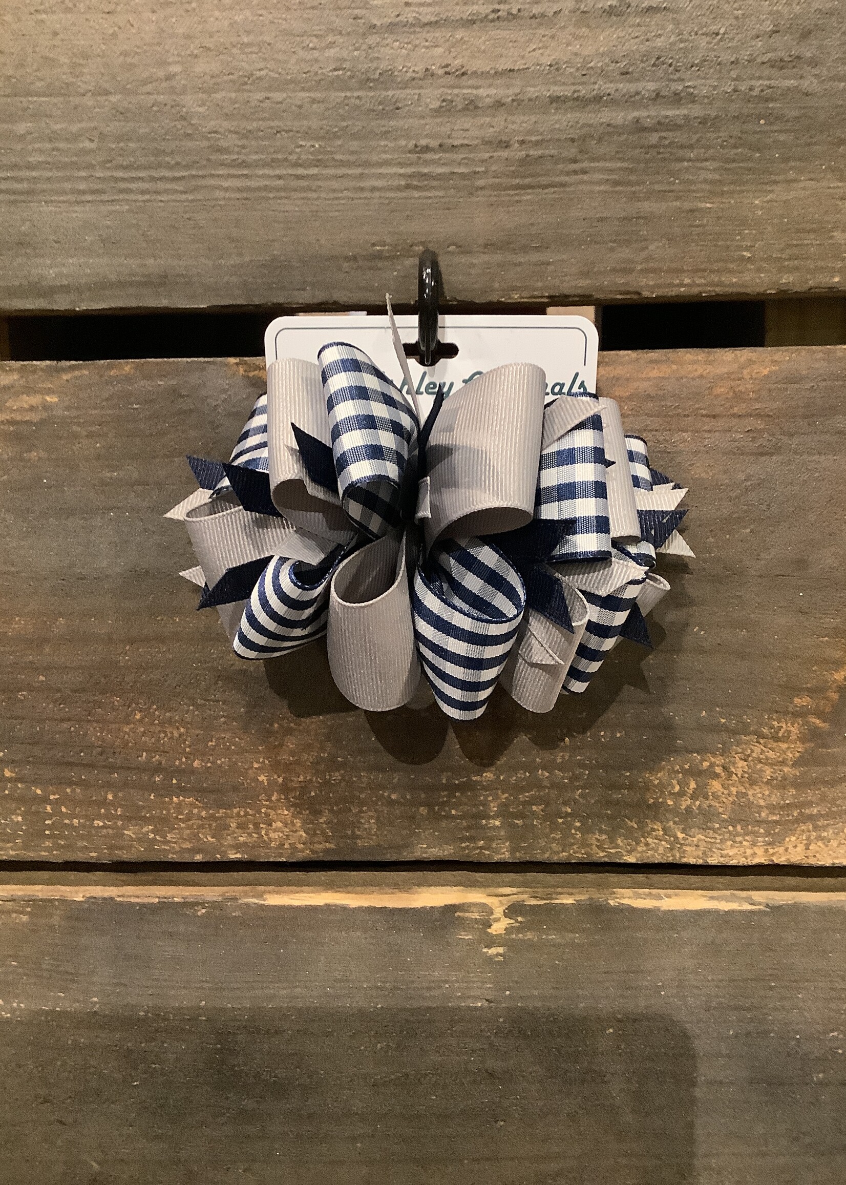 LARGE SPIKEY LOOP NAVY GINGHAM/GREY BARRETTE #50000G