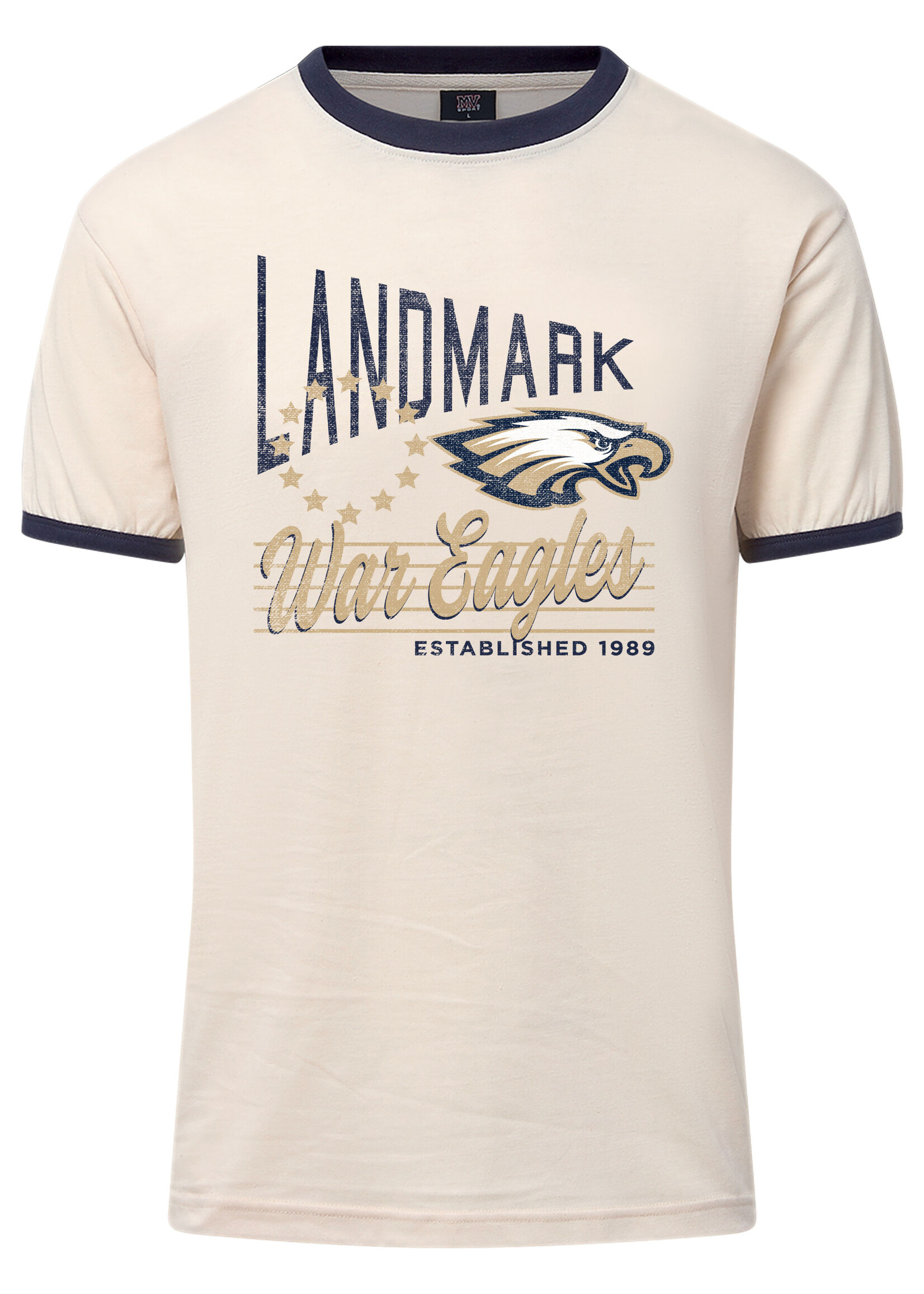 MEN'S SHORT SLEEVE RINGER TEE WITH NAVY TRIM AND VINTAGE SCREEN PRINT