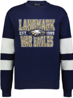 9 OZ VINTAGE NAVY CREW WITH WHITE STRIPE SLEEVES AND SCREEN PRINT FRONT CHEST