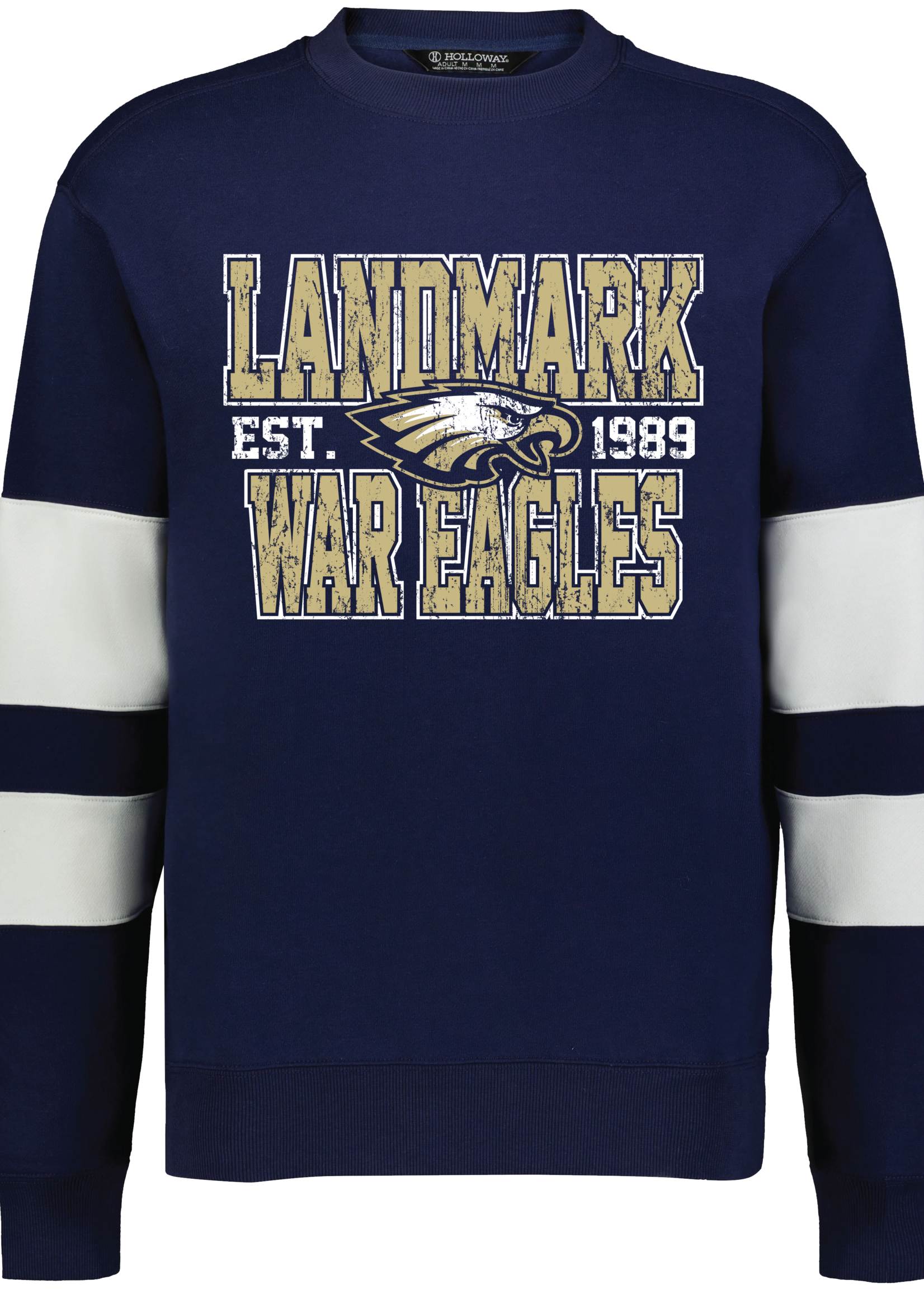 9 OZ VINTAGE NAVY CREW WITH WHITE STRIPE SLEEVES AND SCREEN PRINT FRONT CHEST