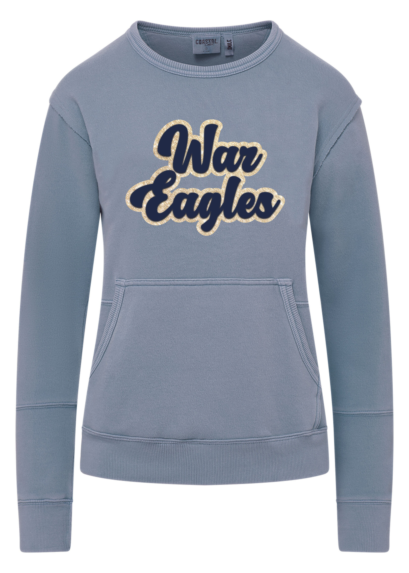 LADIES COASTAL OXFORD BLUE CREW WITH FRONT POCKETS AND GLITTER SCREEN PRINT