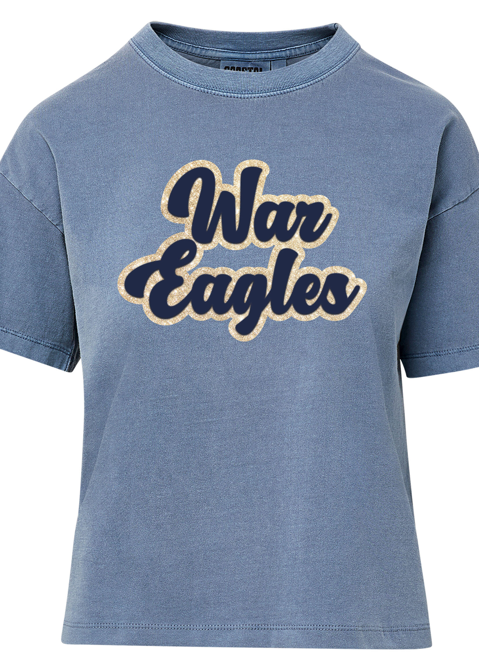 LADIES COASTAL OXFORD BLUE TEE WITH GLITTER SCREEN FRONT