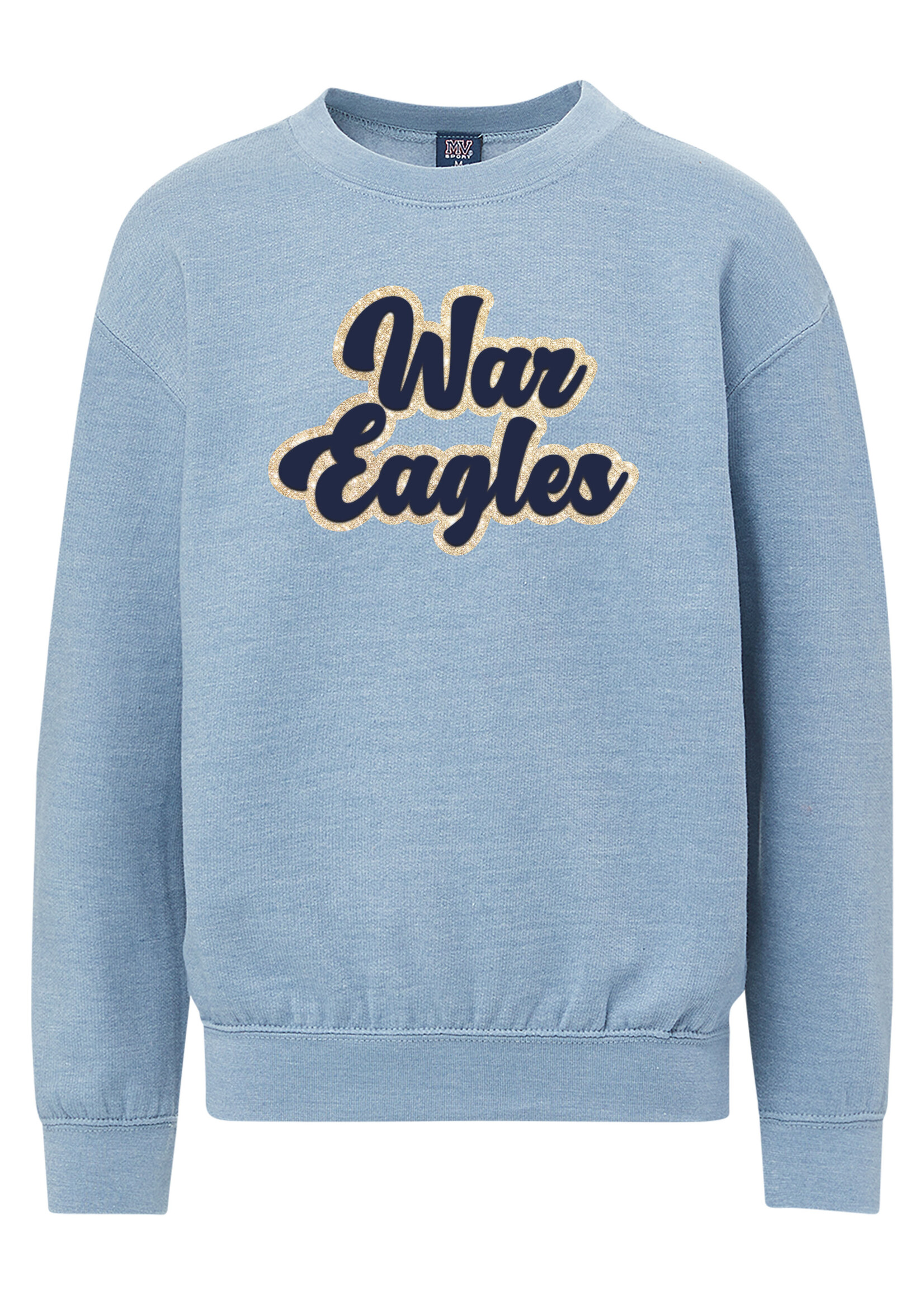 GIRLS LT DENIM HEATHER CREW WITH GLITTER SCREEN FRONT