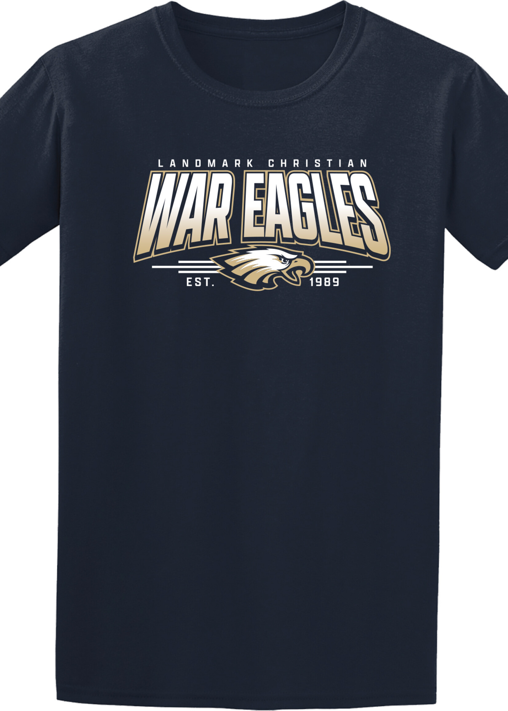 ADULT SOFT TOUCH NAVY TEE WITH FRONT CHEST SCREEN PRINT
