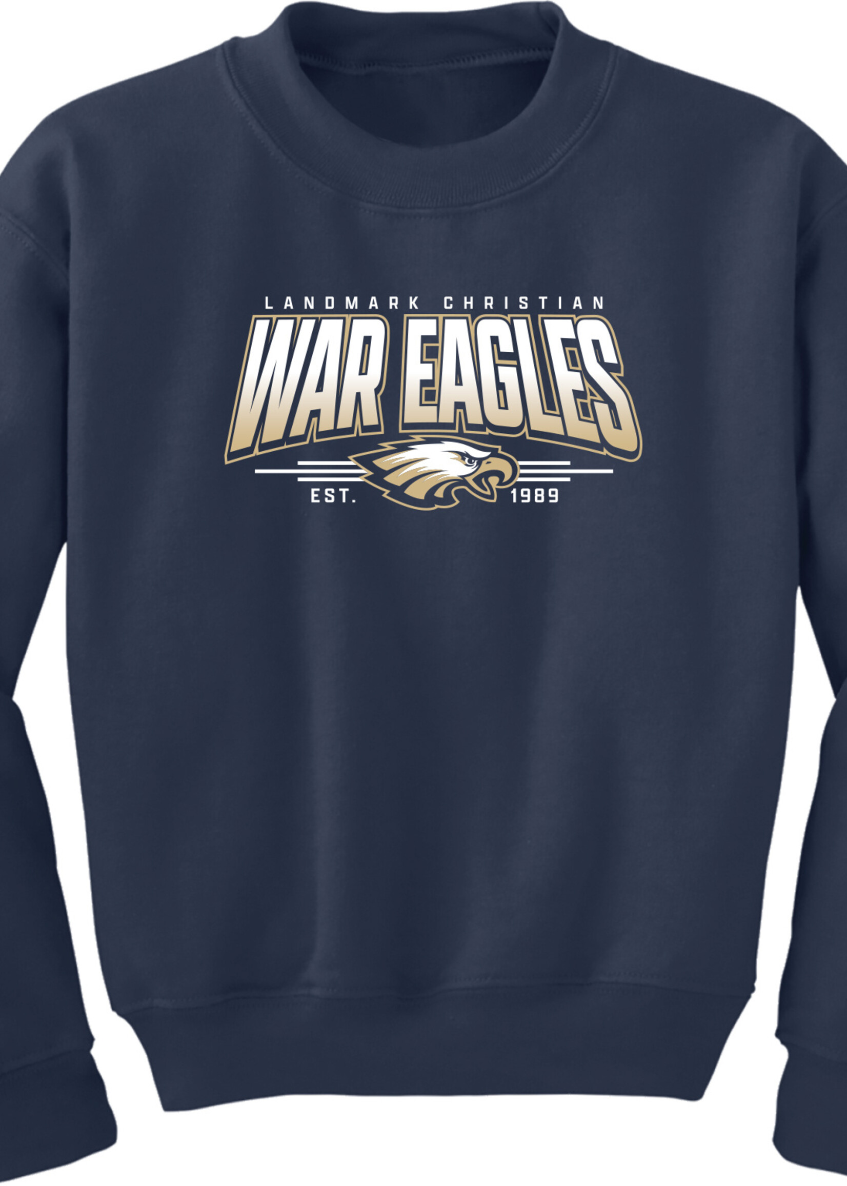 YOUTH SOFT TOUCH NAVY CREW WITH FRONT CHEST SCREEN PRINT