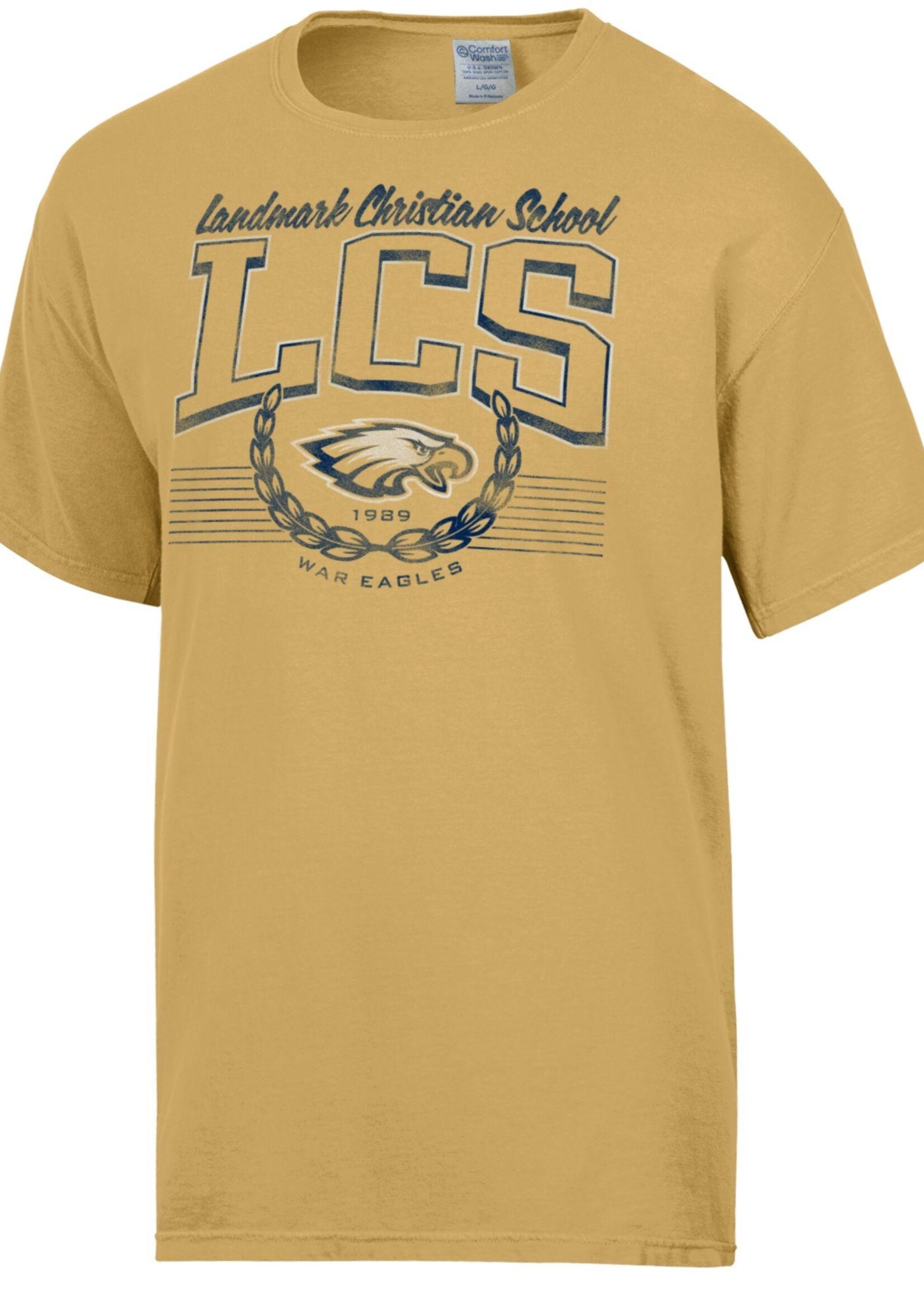 ADULT ARTISAN GOLD COTTON SHORT SLEEVE TEE WITH DISTRESSED SCREEN PRINT