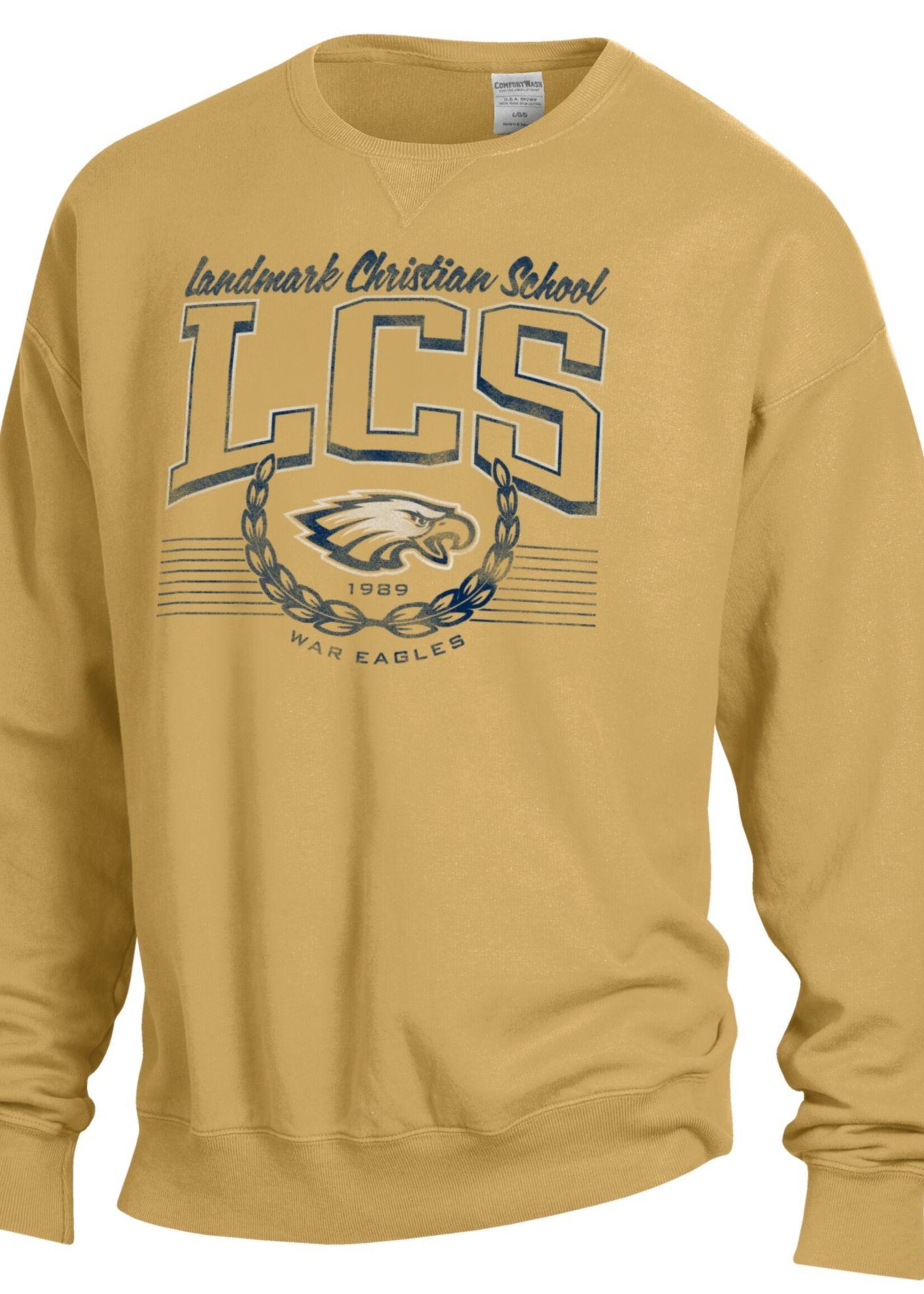 ADULT ARTISAN GOLD LIGHTWEIGHT CREW WITH DISTRESSED SCREEN PRINT