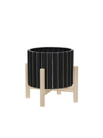 Ceramic Fluted Planter W/ Wood Stand-Black-8"