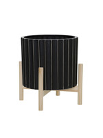 Ceramic Fluted Planter W/ Wood Stand, Black-12"