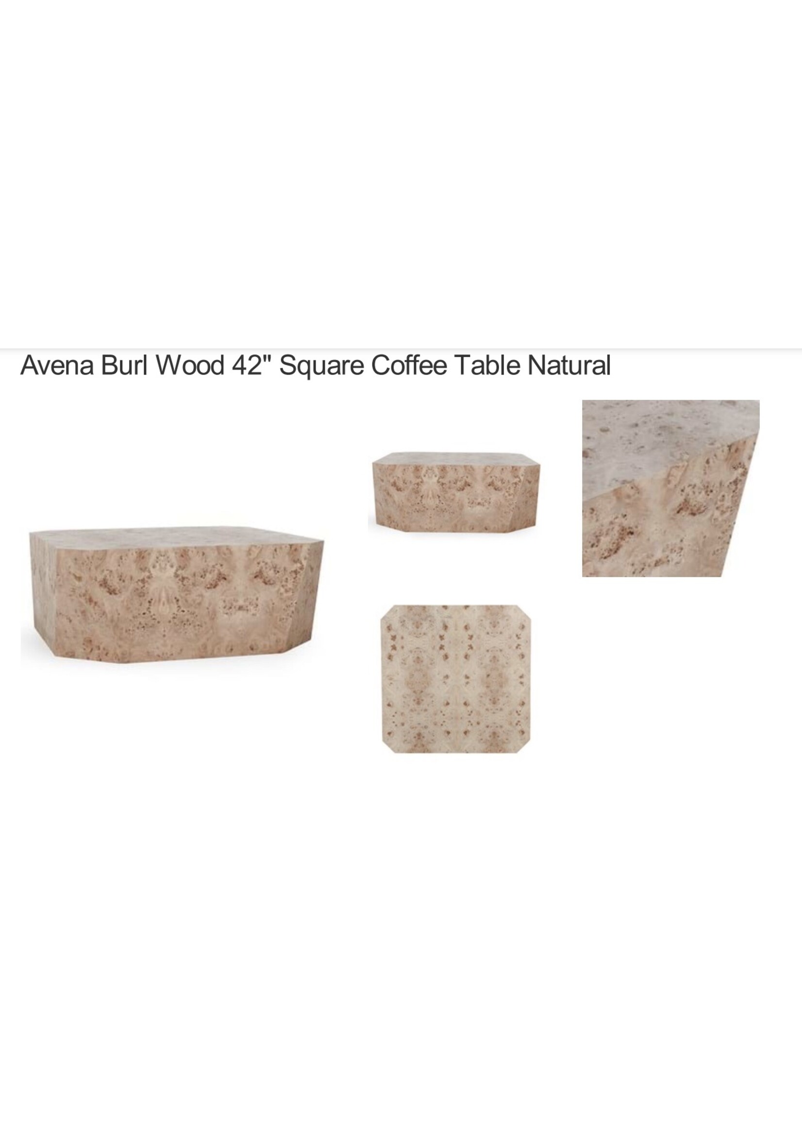 AVENA BURL WOOD 42" SQUARE COFFEE TABLE NATURAL 42"
