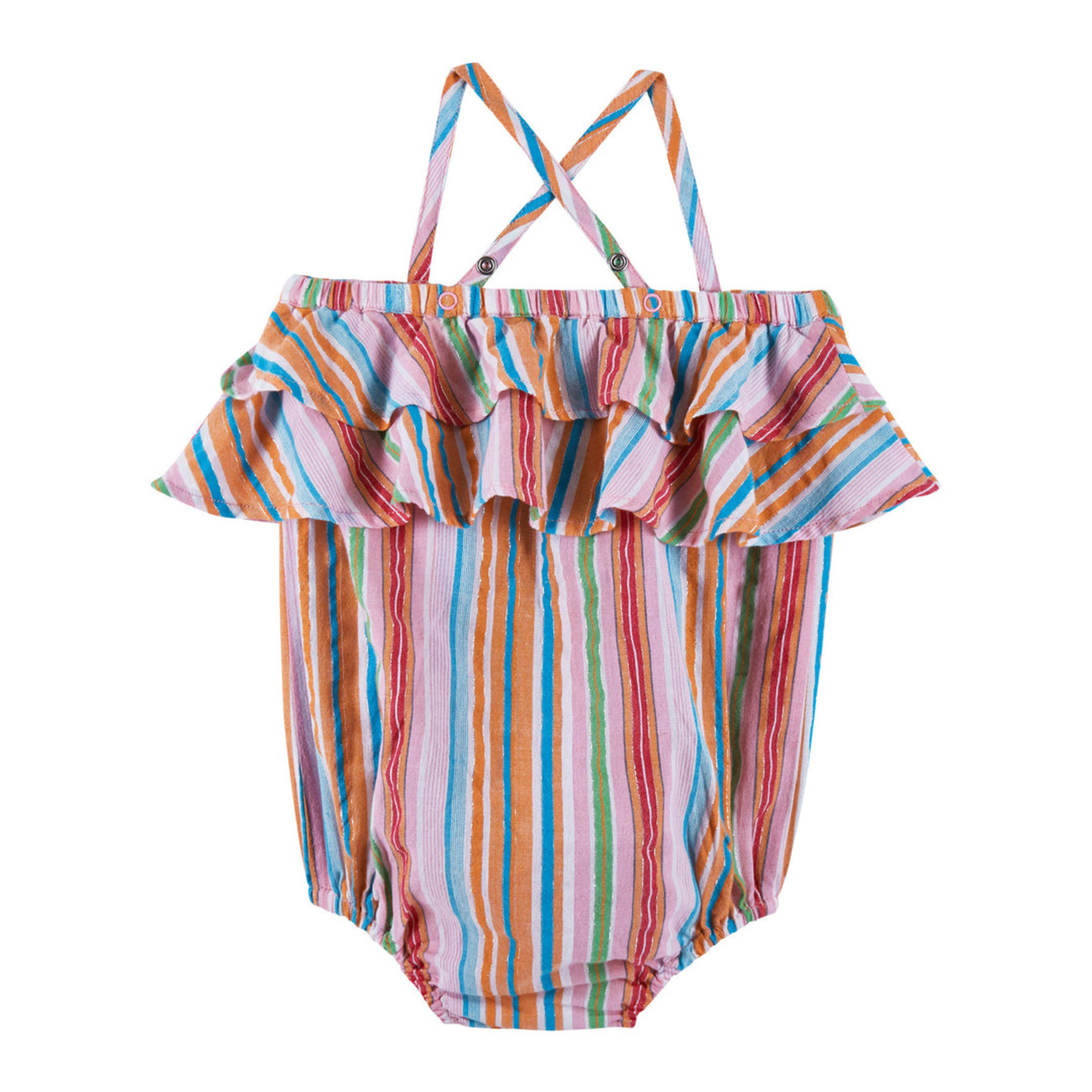Andy & Evan Woven Lurex Stripe Ruffle Bubble Romper