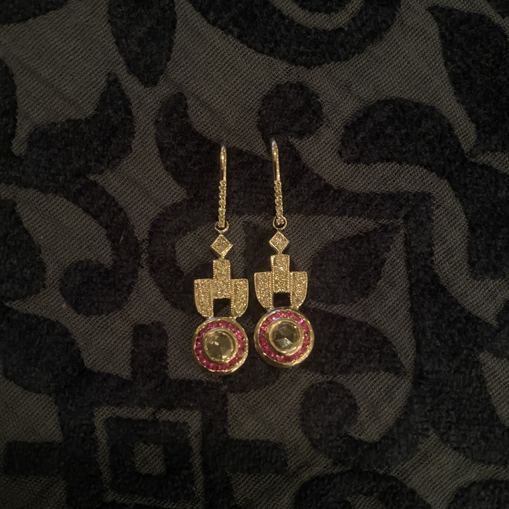 Just Jules Art Deco 14 Kt WG Round Rose Cuts & Ruby Channel Earrings (.45/.20/.30R)