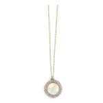 Danielle Welmond Caged Rainbow Moonstone Necklace w/ Pink Tourmaline Orbit on Gold Cord