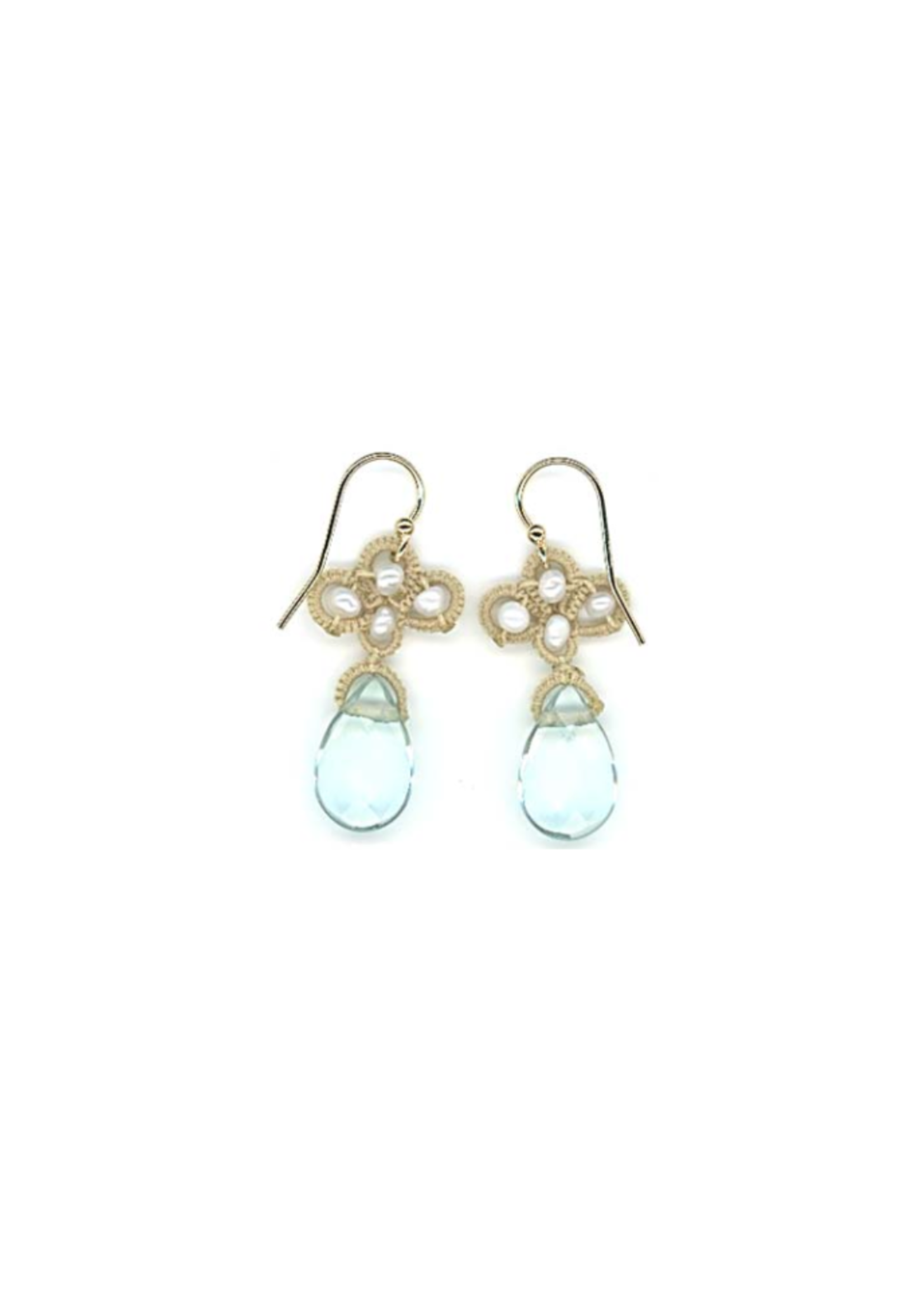 Danielle Welmond Pearl & Aquamarine Quartz Drop Earrings w/ Woven Taupe Cord