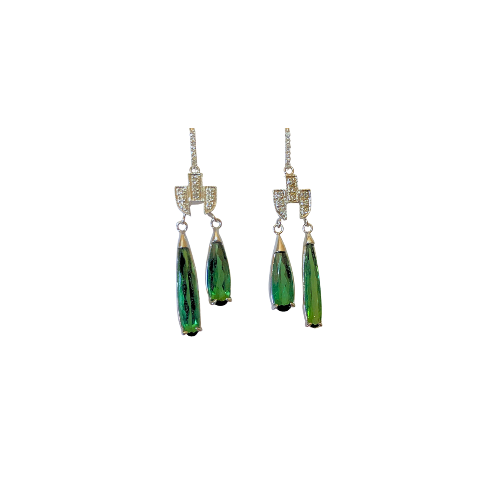 Just Jules 14 Kt WG Double Green Tourmalines & Diamond Earrings (6ct/.20ct)