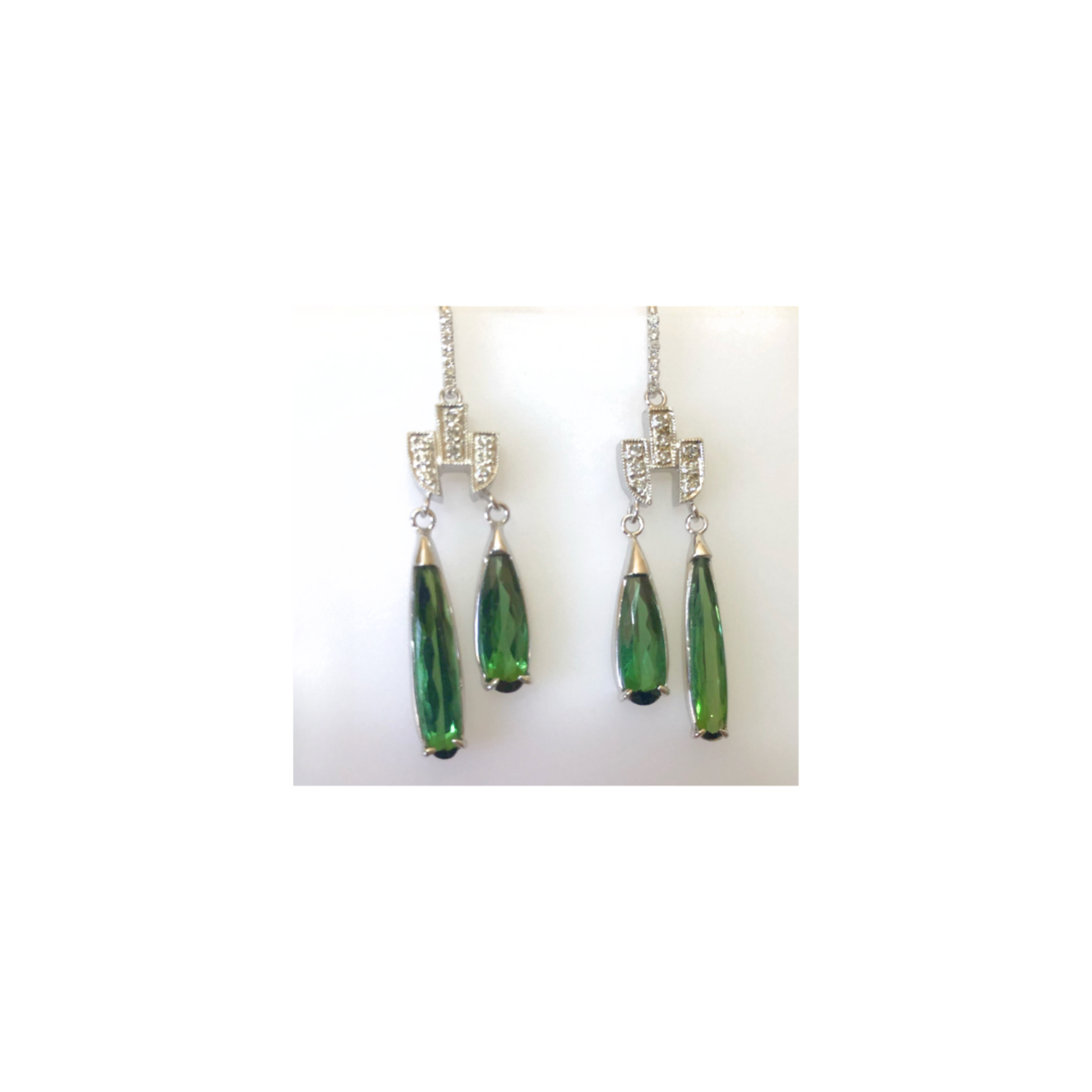 Just Jules 14 Kt WG Double Green Tourmalines & Diamond Earrings (6ct/.20ct)