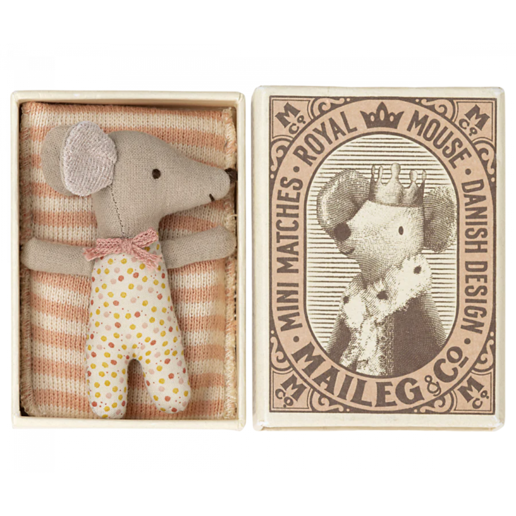 Maileg USA Sleepy/Wakey Baby Mouse in Matchbox - Rose