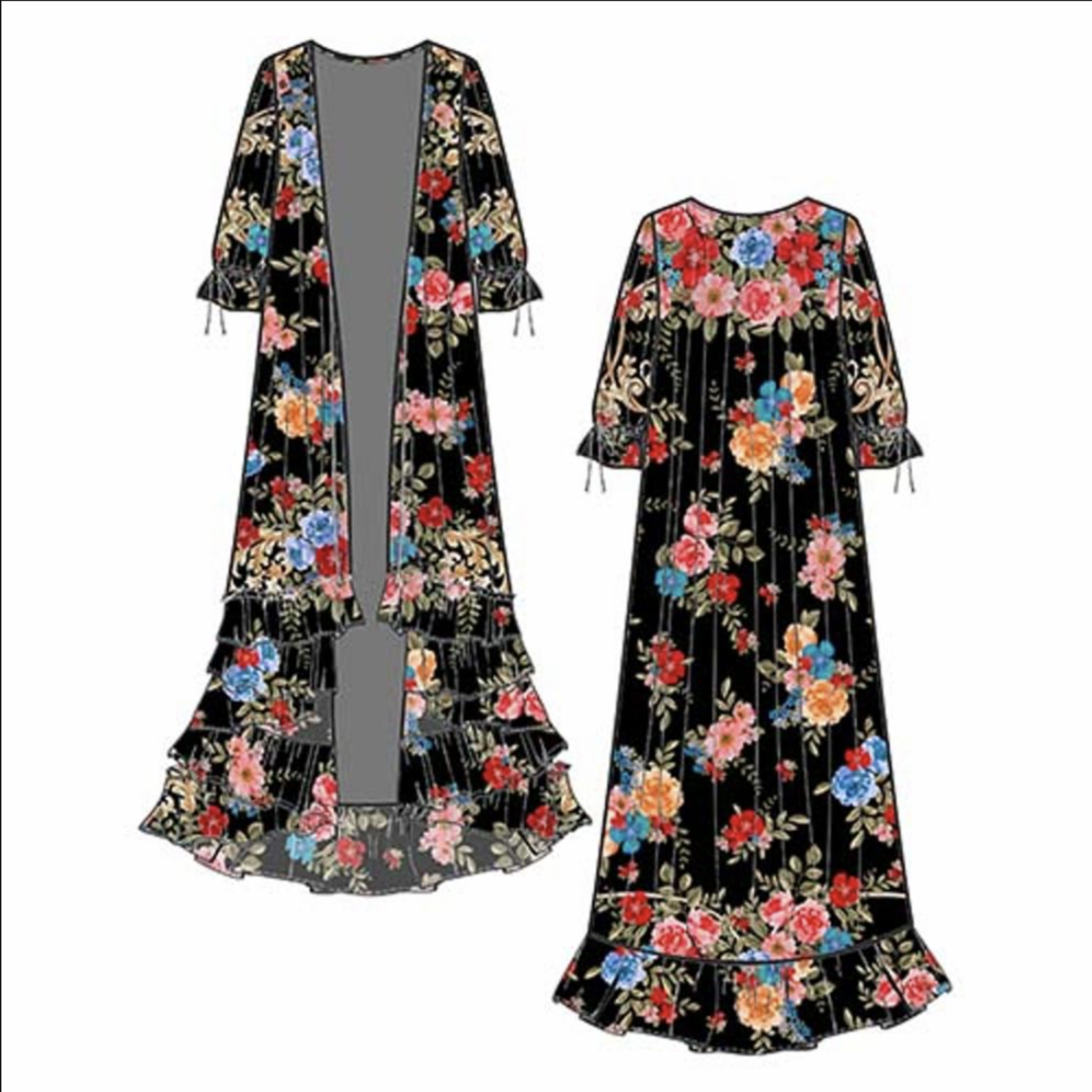 Johnny Was BLACK ROYAL LONG RUFFLE KIMONO XL
