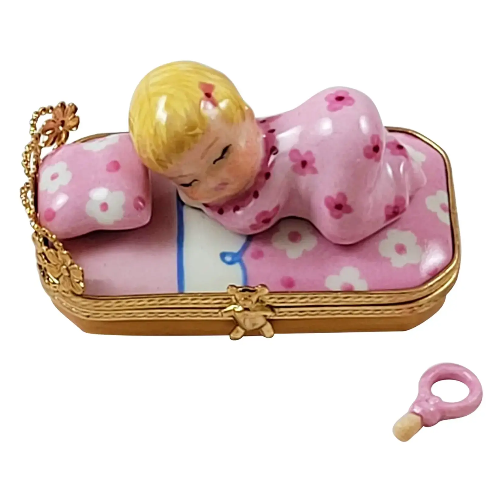 Rochard Limoges Boxes Baby In Pink Bed With Pacifier