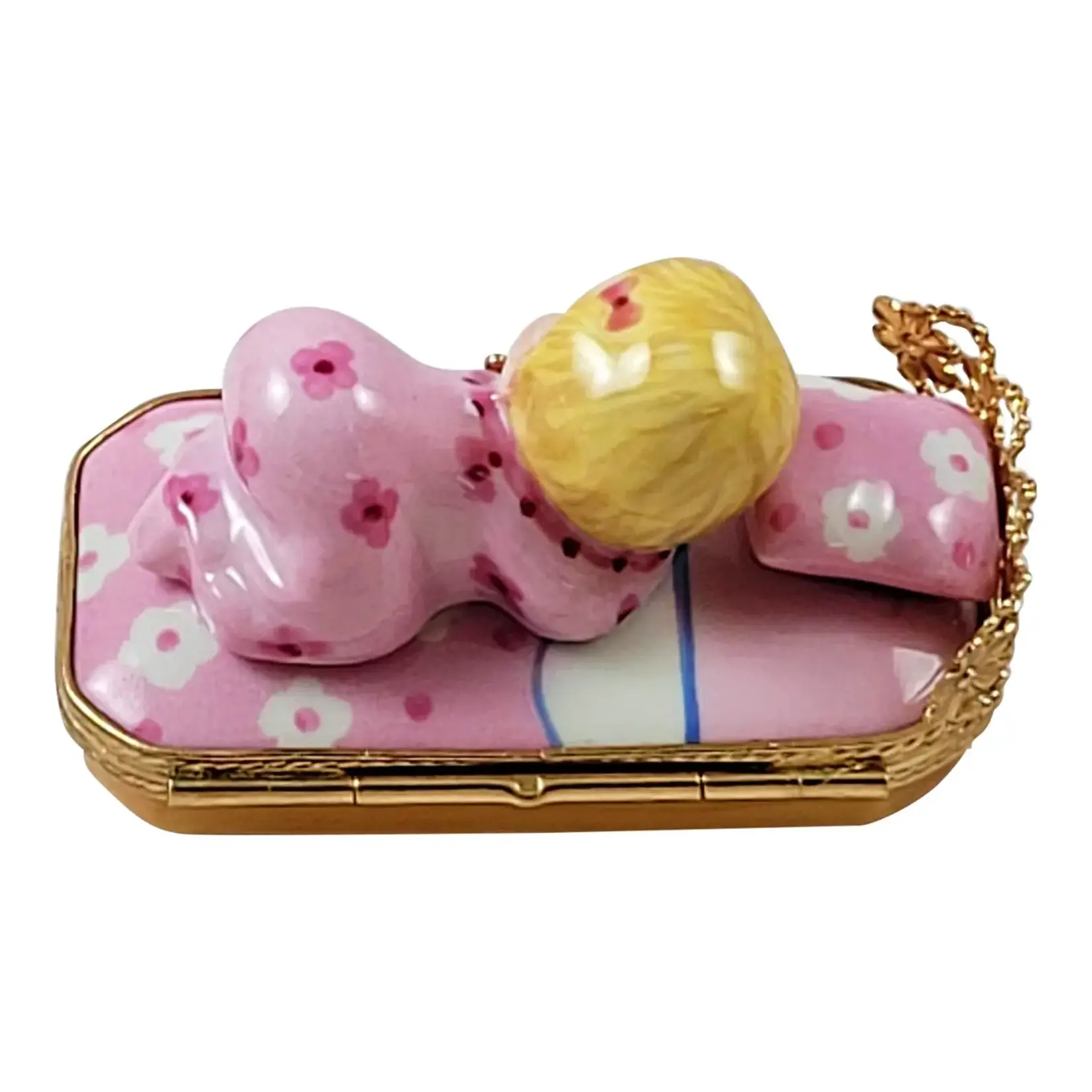 Rochard Limoges Boxes Baby In Pink Bed With Pacifier