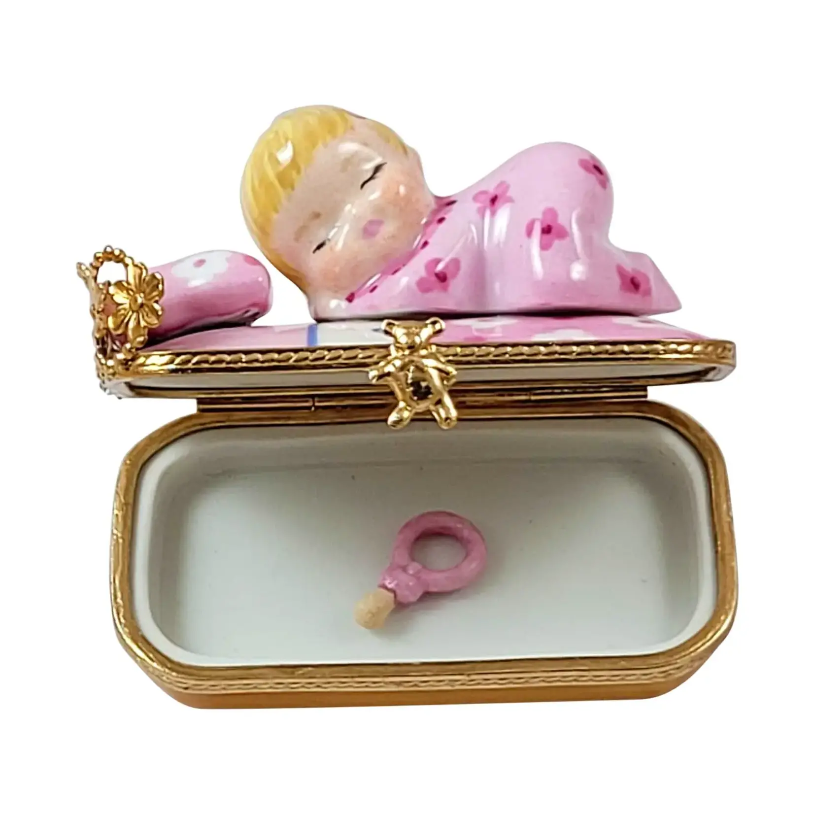 Rochard Limoges Boxes Baby In Pink Bed With Pacifier