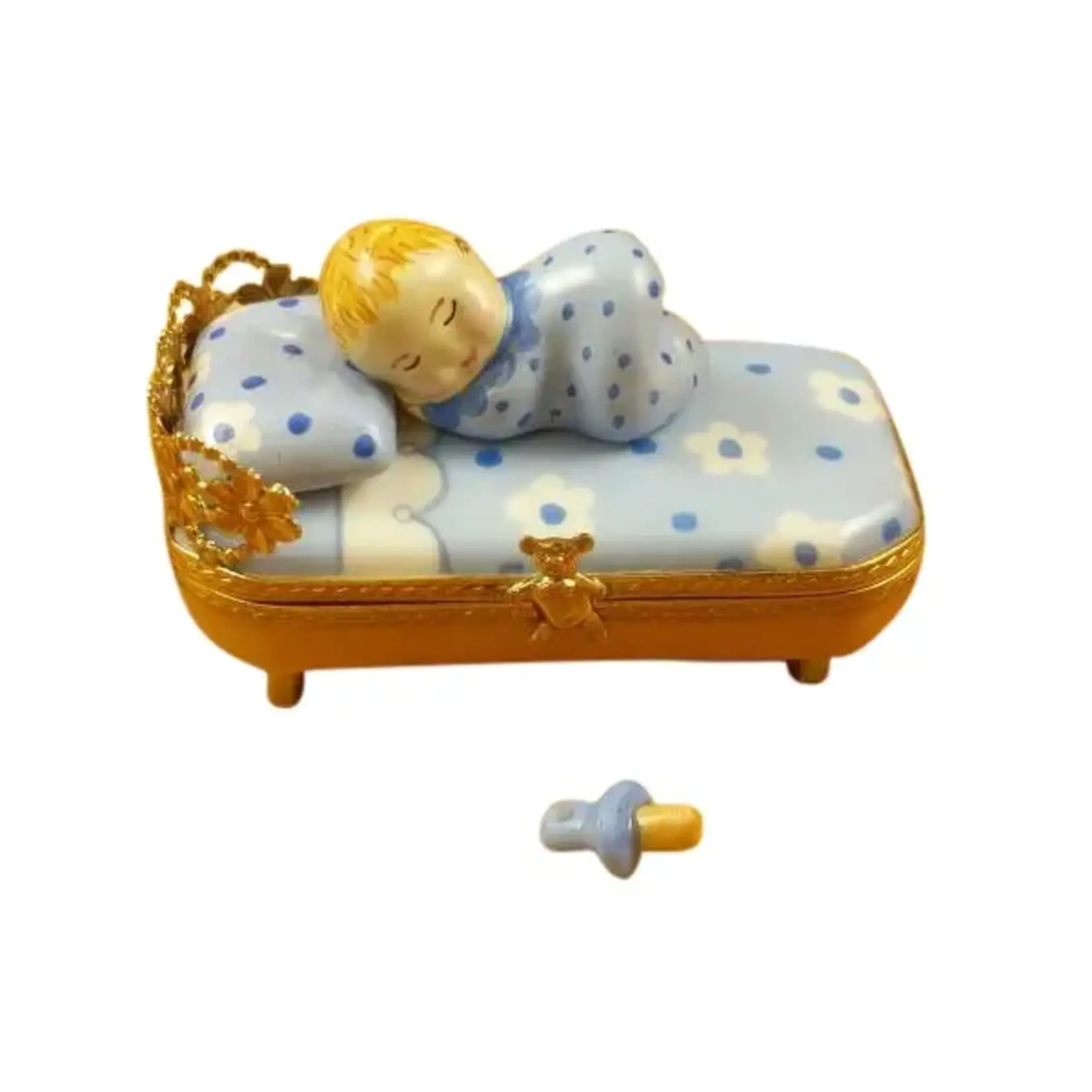 Rochard Limoges Boxes Baby In Blue Bed w/ Pacifier