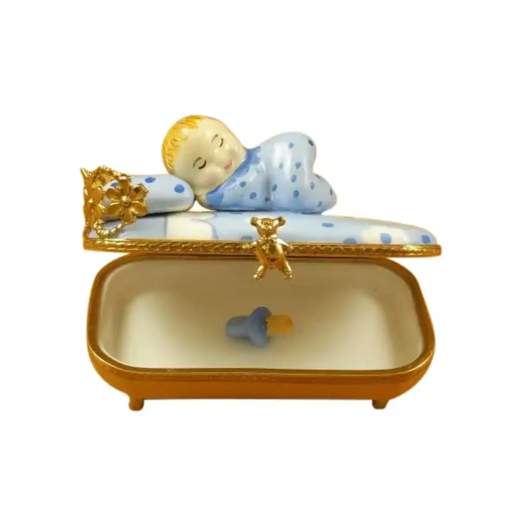 Rochard Limoges Boxes Baby In Blue Bed w/ Pacifier