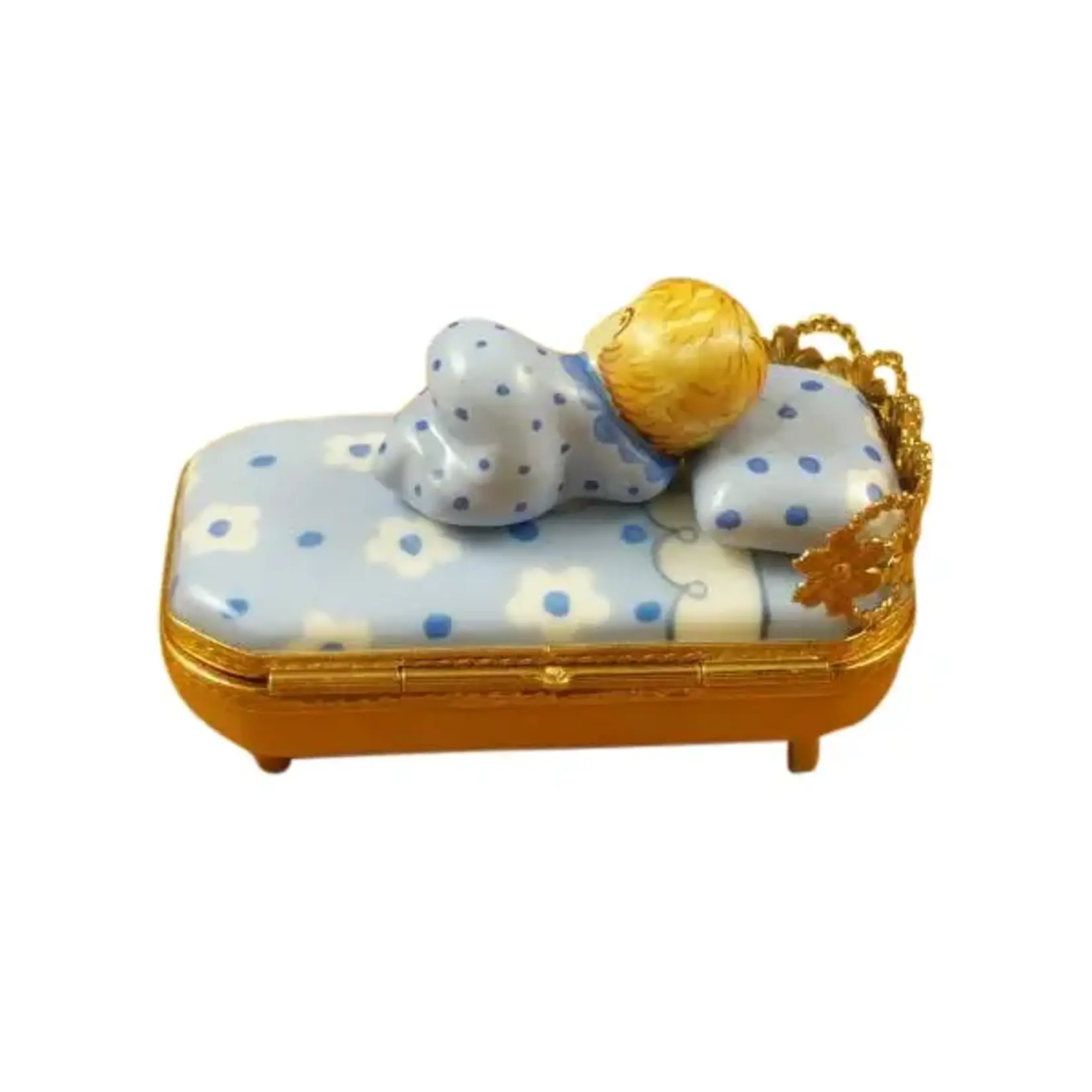 Rochard Limoges Boxes Baby In Blue Bed w/ Pacifier