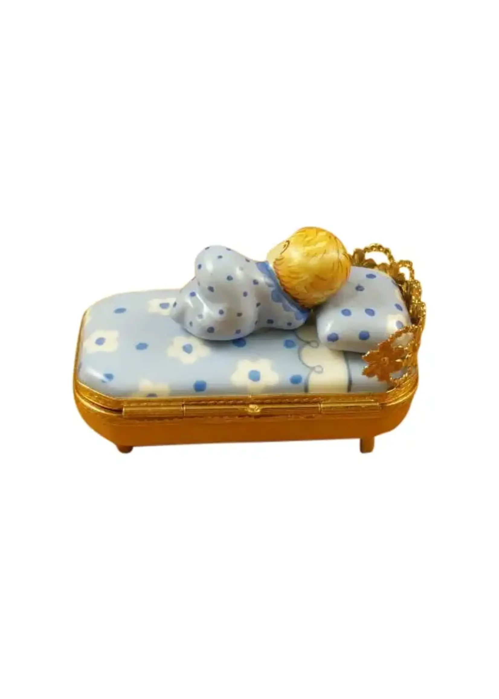 Rochard Limoges Boxes Baby In Blue Bed w/ Pacifier